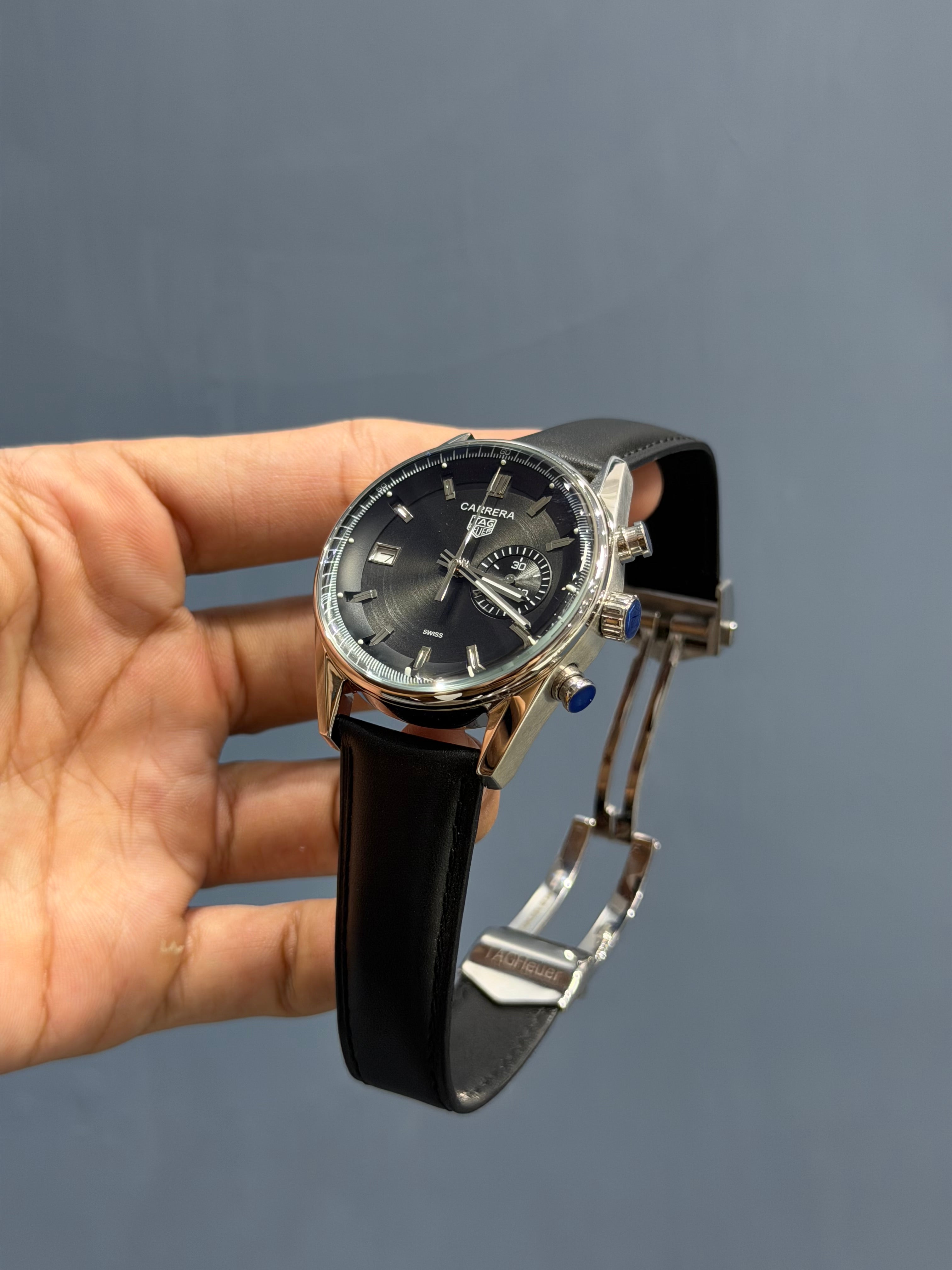 NEW COLLECTION CHRONOGRAPH HORSE EDITION SILVER WITH BLACK DIAL BLACK LEATHER  STRAP