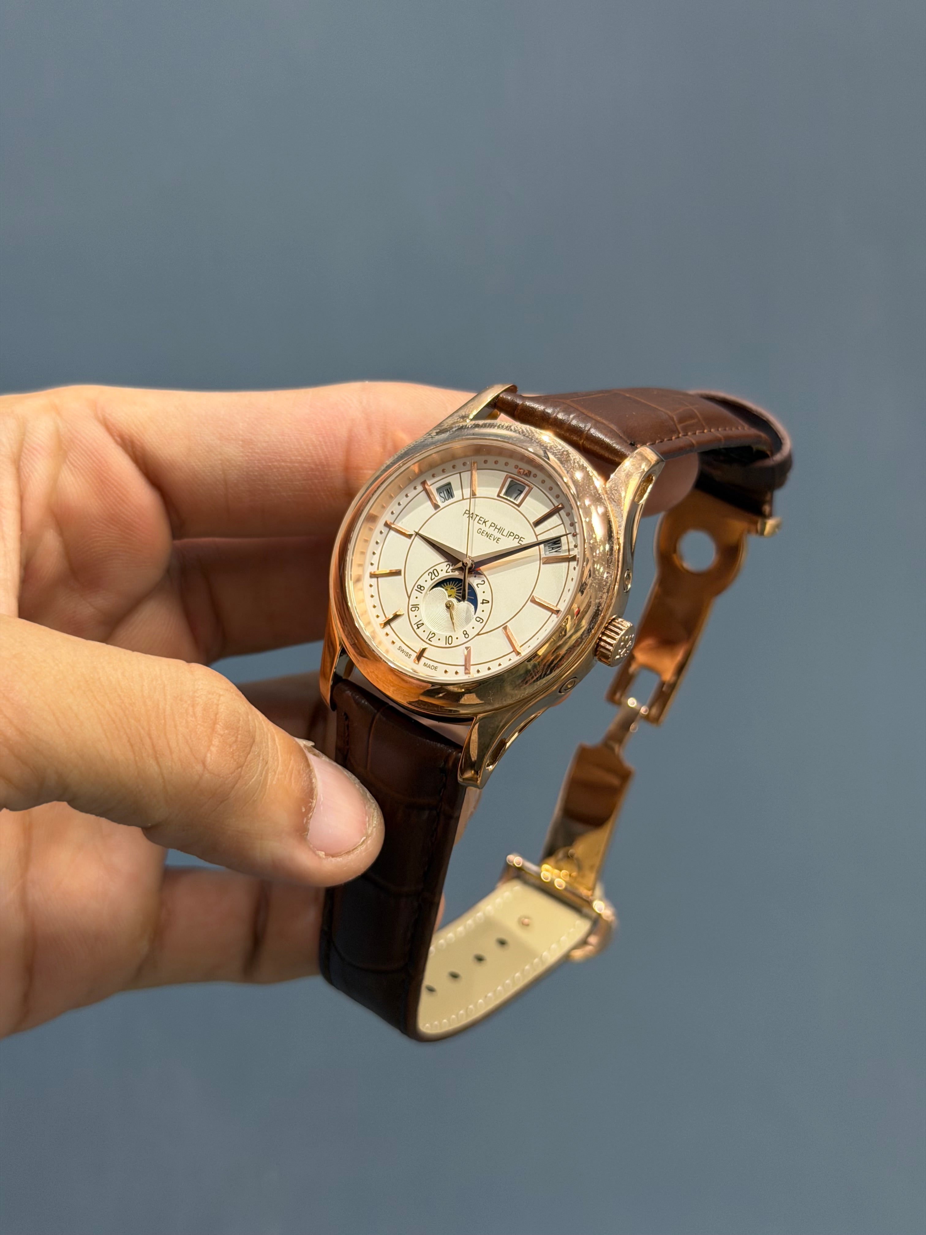 NEW COLLECTION MOON PHASE ROSE GOLD CASE WITH WHITE DIAL & BROWN LEATHER STRAP