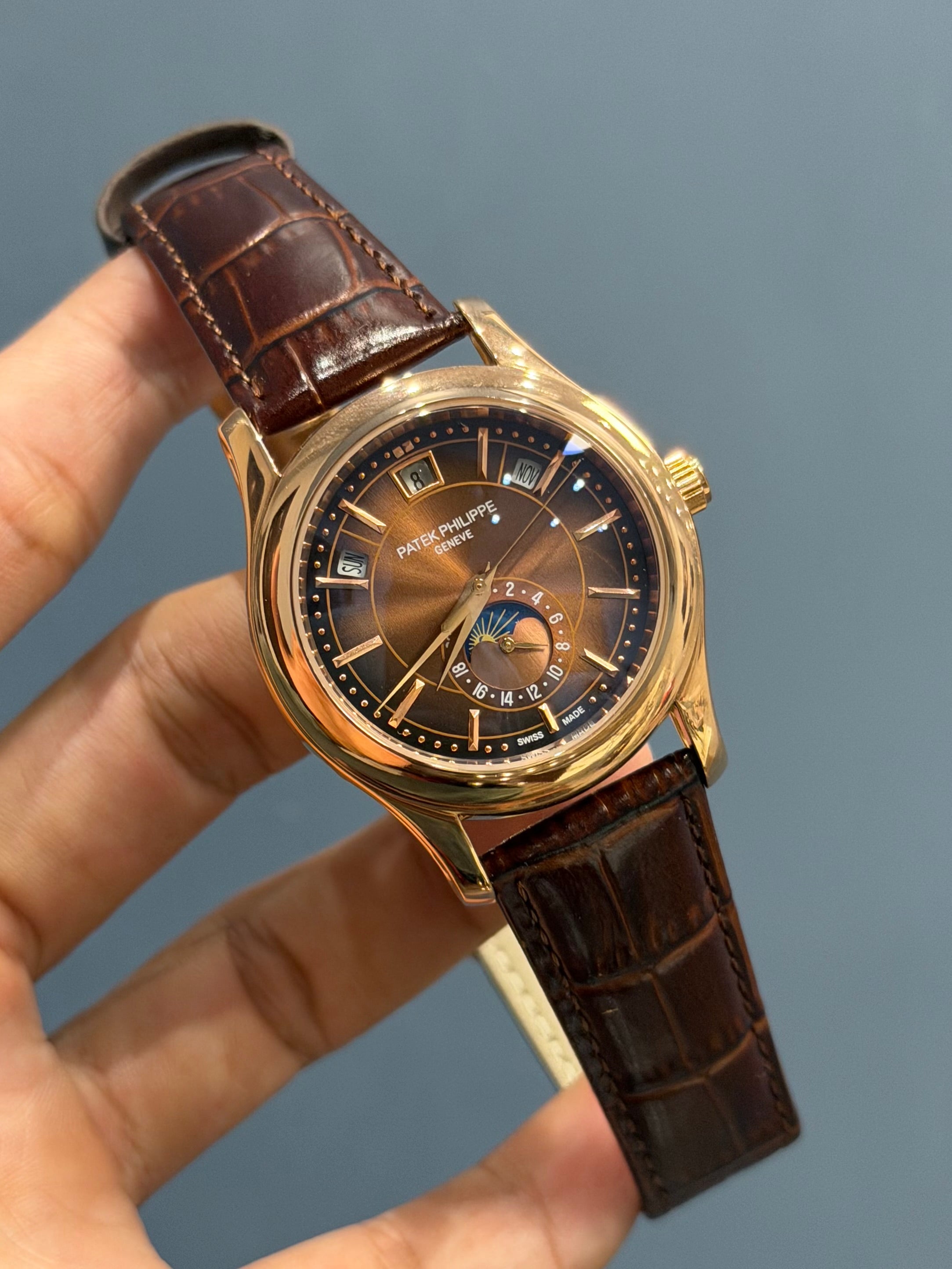 NEW COLLECTION MOON PHASE ROSE GOLD CASE WITH BROWN DIAL & BROWN LEATHER STRAP