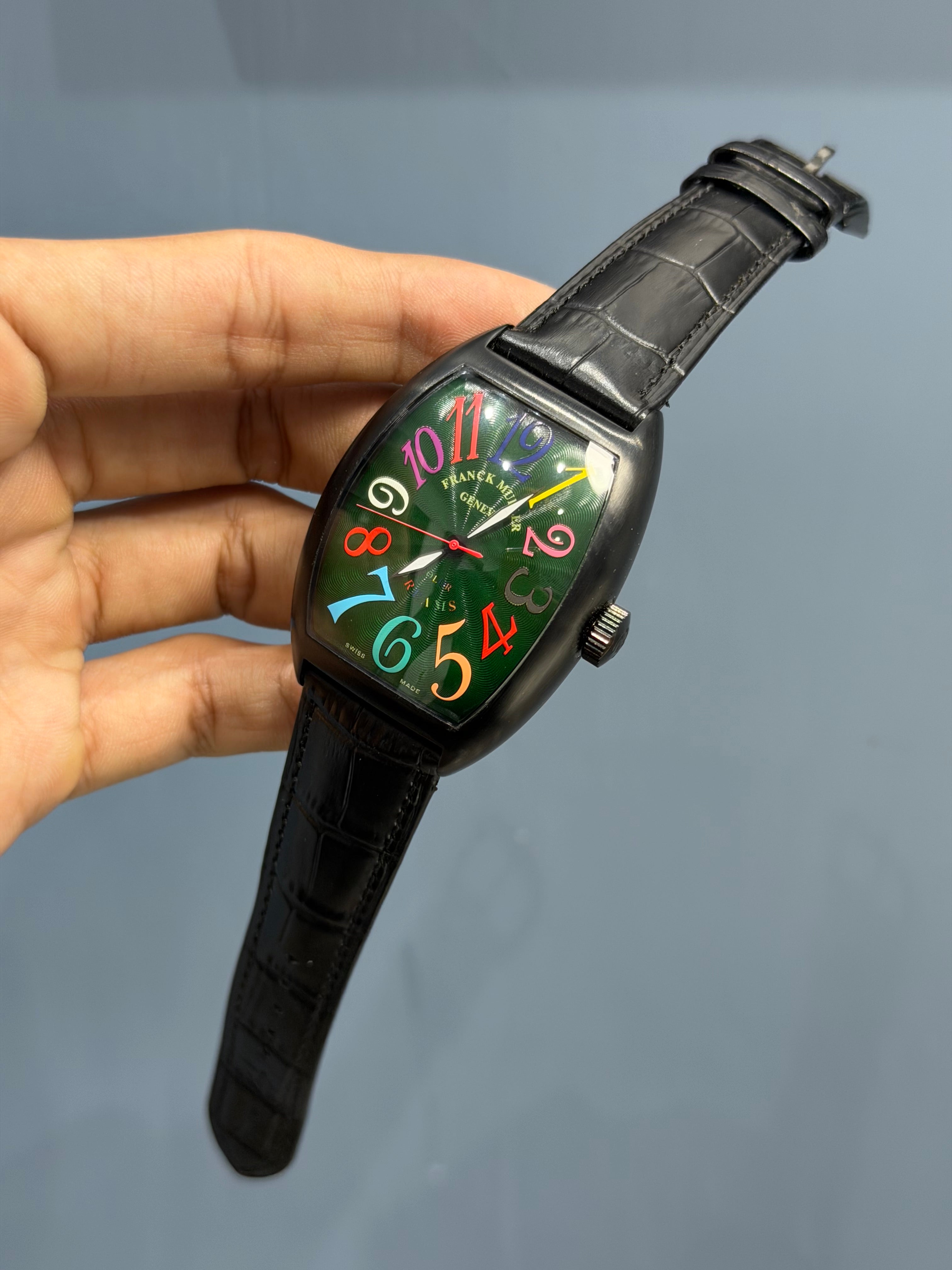 NEW COLLECTION CRAZY HOUR BLACK CASE WITH GREEN DIAL & LEATHER STRAP
