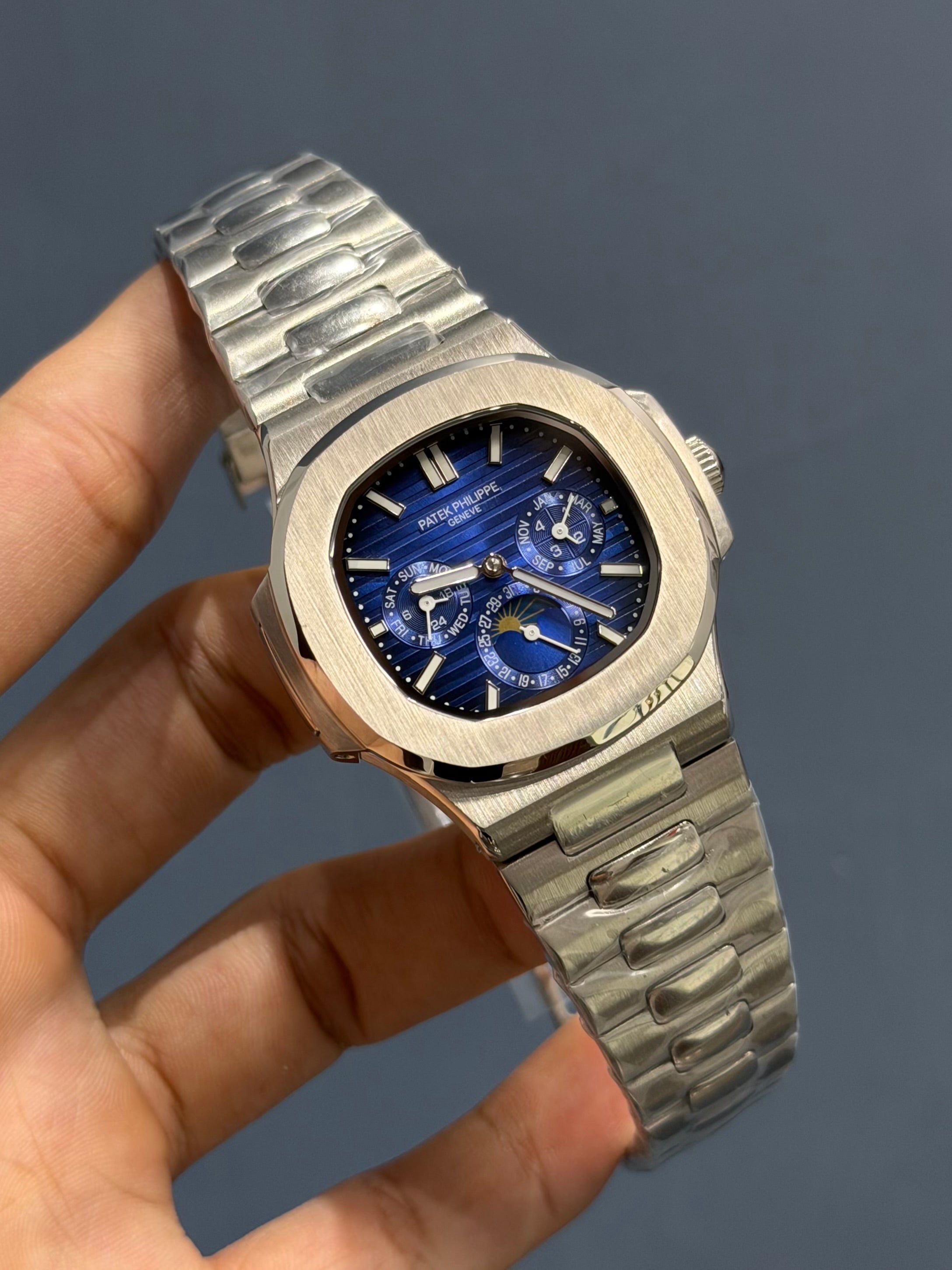 NEW COLLECTION MOON PHASE CHRONOGRAPH SILVER CASE WITH BLUE DIAL AUTOMATIC WATCH