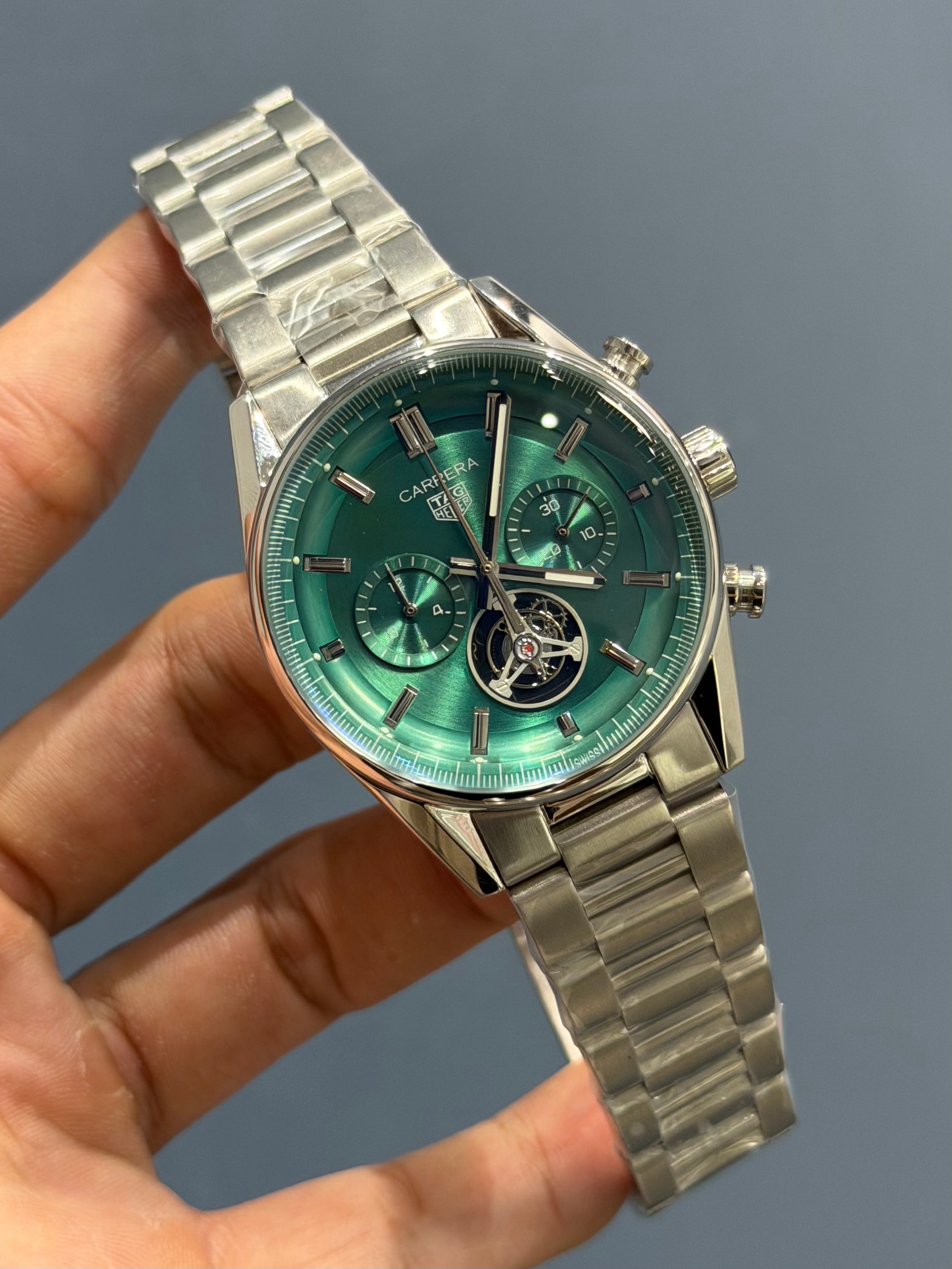 NEW COLLECTION CHRONOGRAPH PENDULUM SILVER WITH MINT GREEN DIAL MENS WATCH