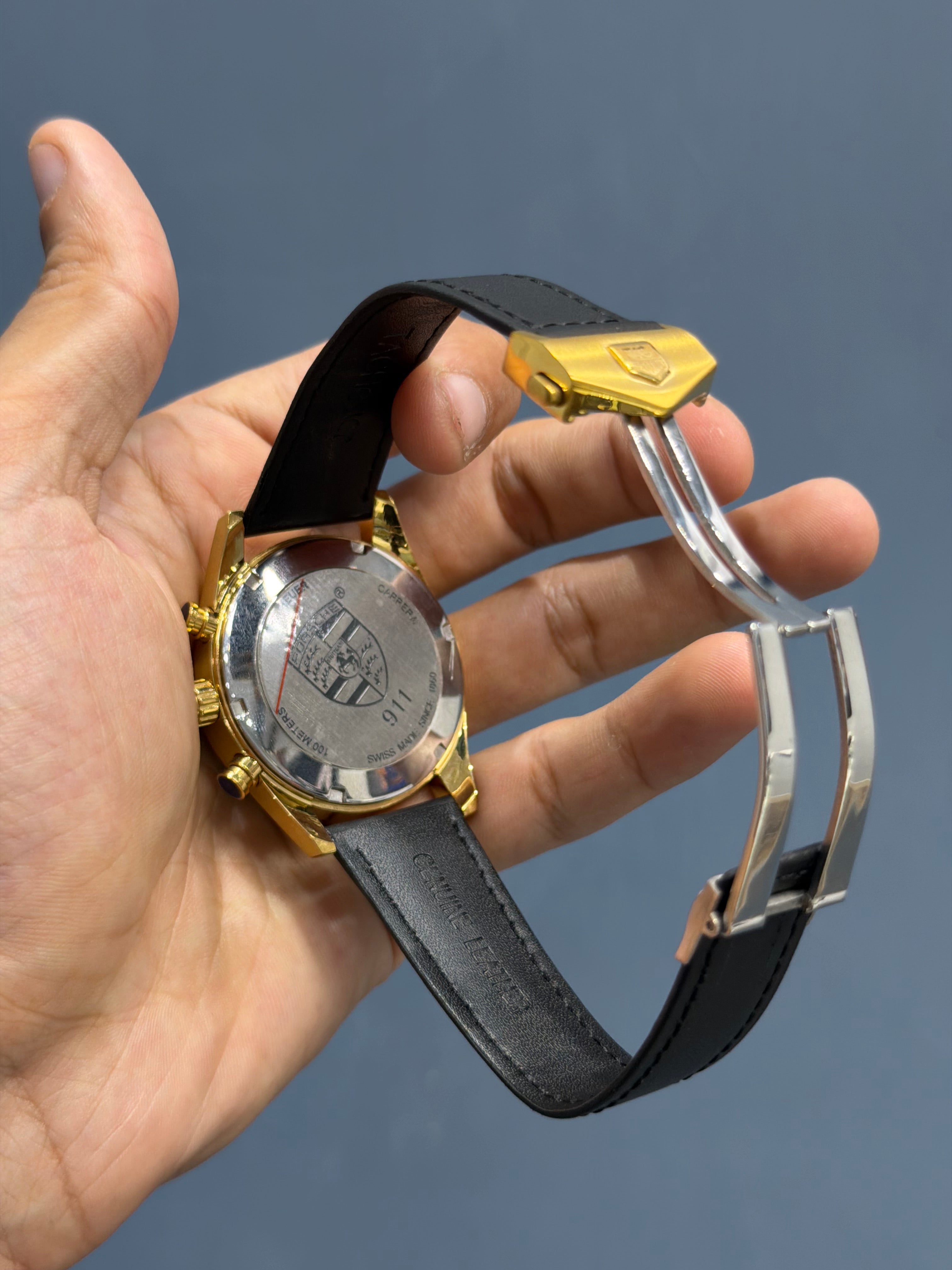 NEW COLLECTION CHRONOGRAPH GOLD CASE WITH BLACK DIAL & BEZEL WITH LEATHER STRAP