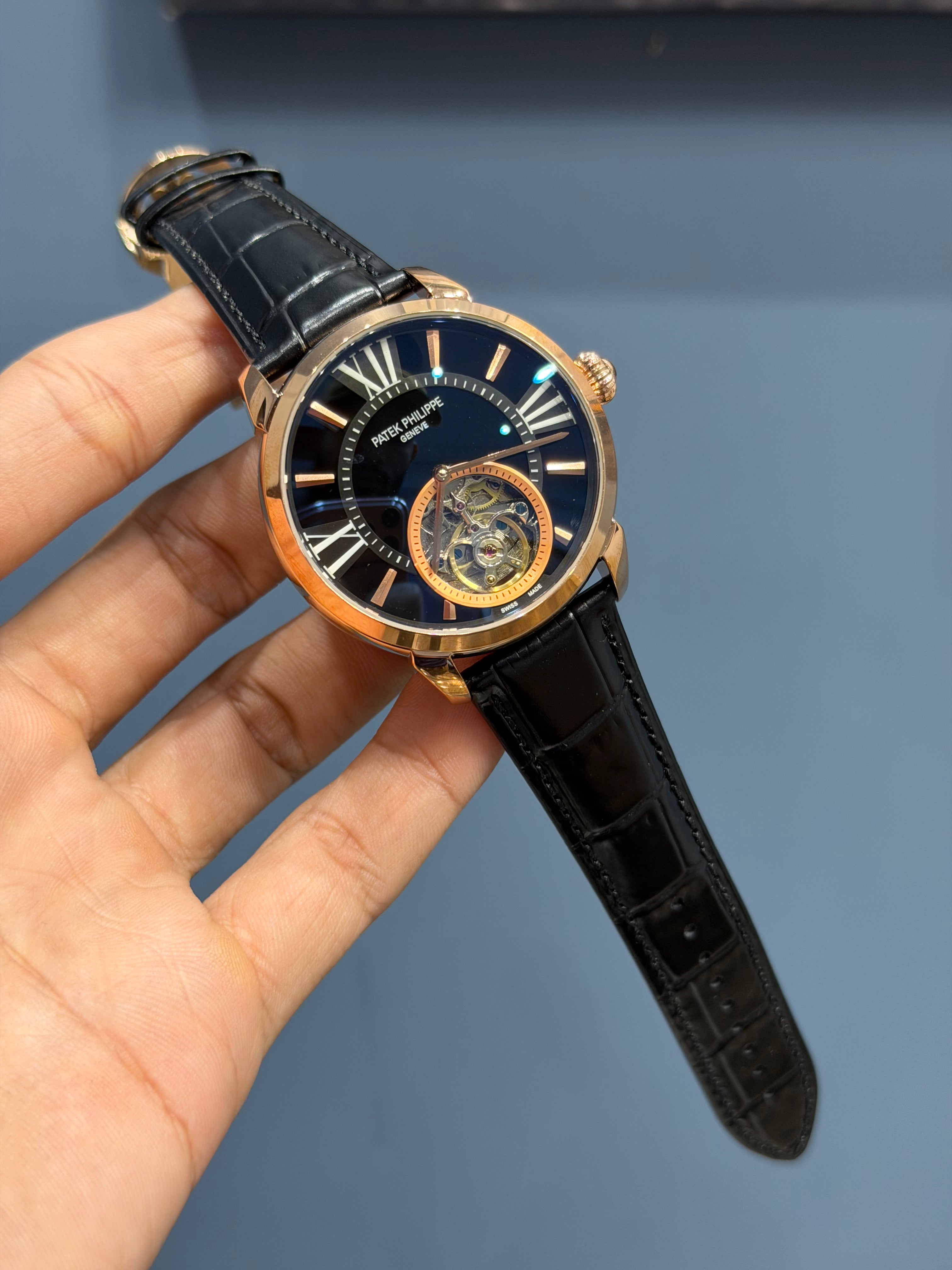 NEW COLLECTION TOURBILLON ROSE CASE WITH BLACK DIAL & BLACK LEATHER STRAP