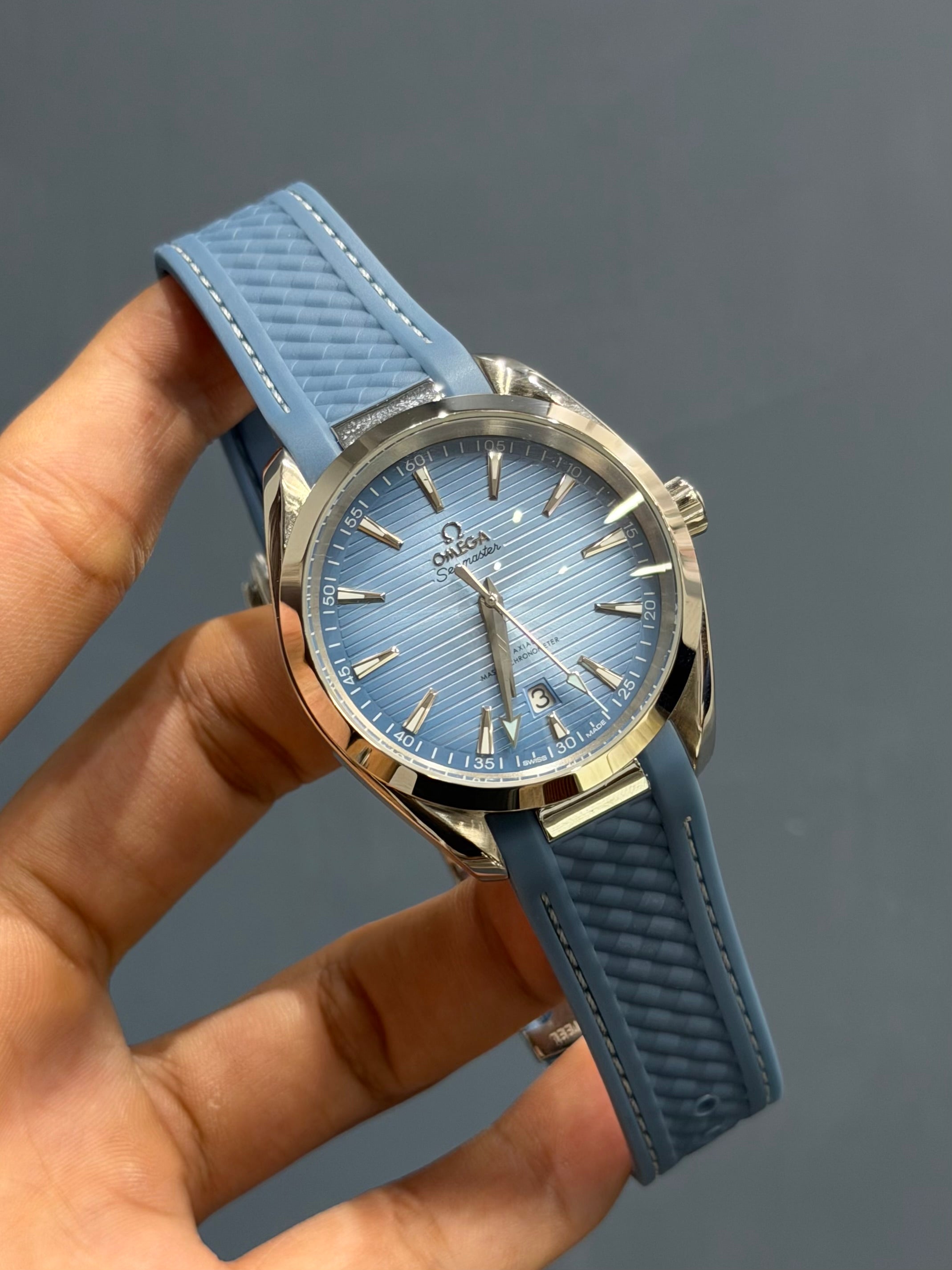 NEW COLLECTION SILVER CASE WITH SKY BLUE DIAL & RUBBER STRAP