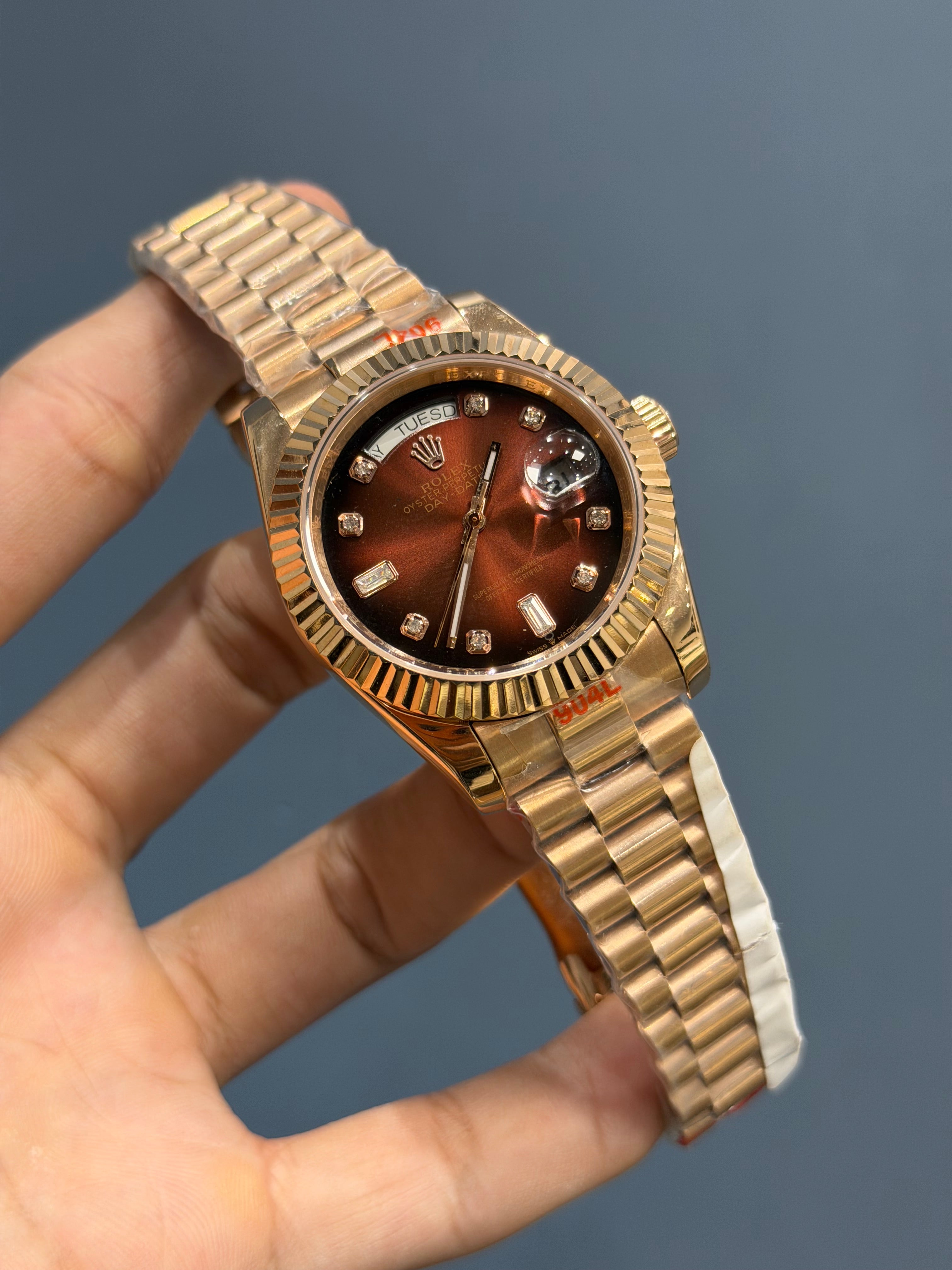 NEW COLLECTION 40MM ROSE GOLD WITH  CHOCO DIAL RUBY STONE FIGURE YZ MADE