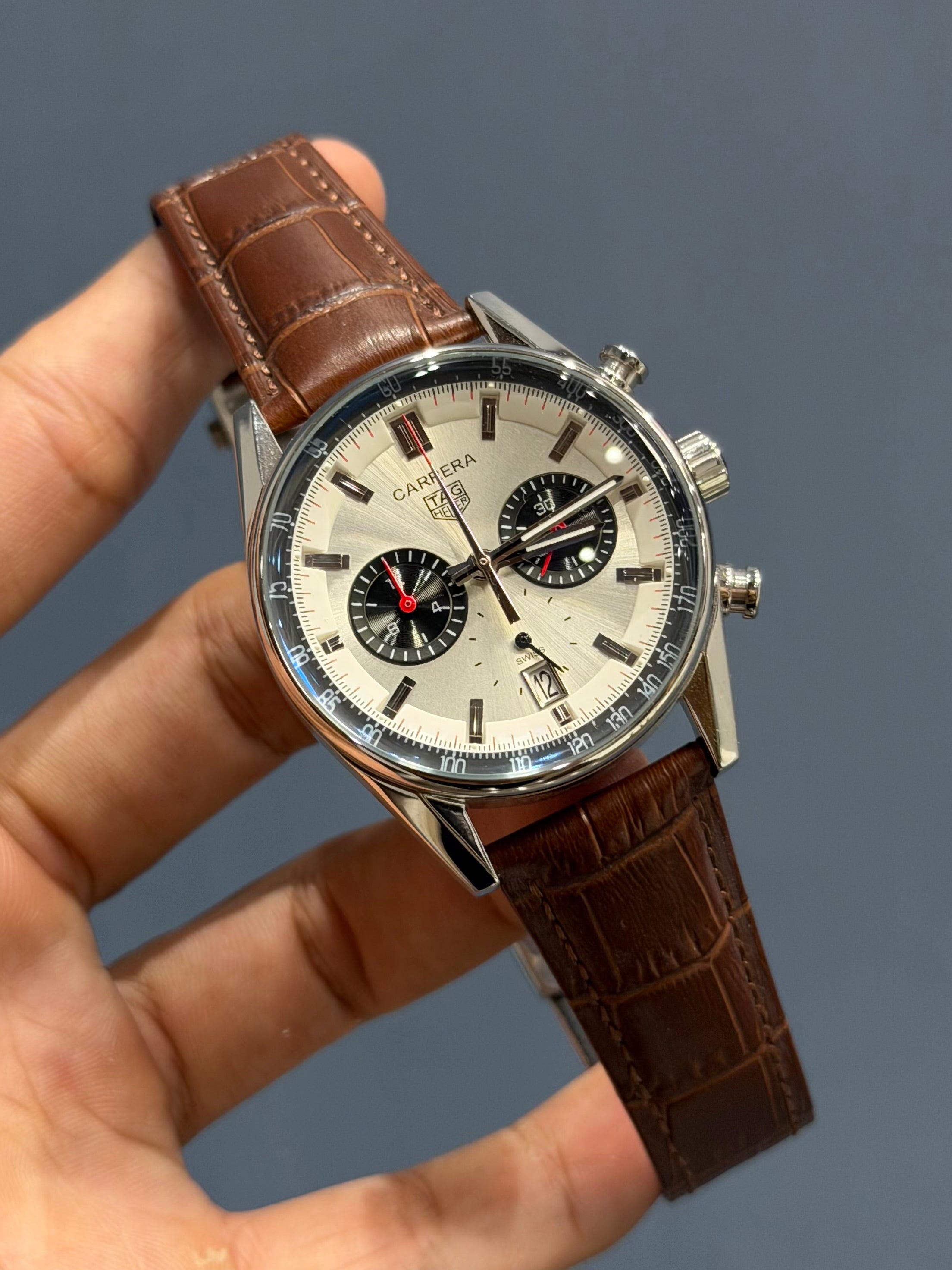 NEW COLLECTION CHRONOGRAPH SILVER CASE WITH WHITE DIAL & BROWN LEATHER WATCH