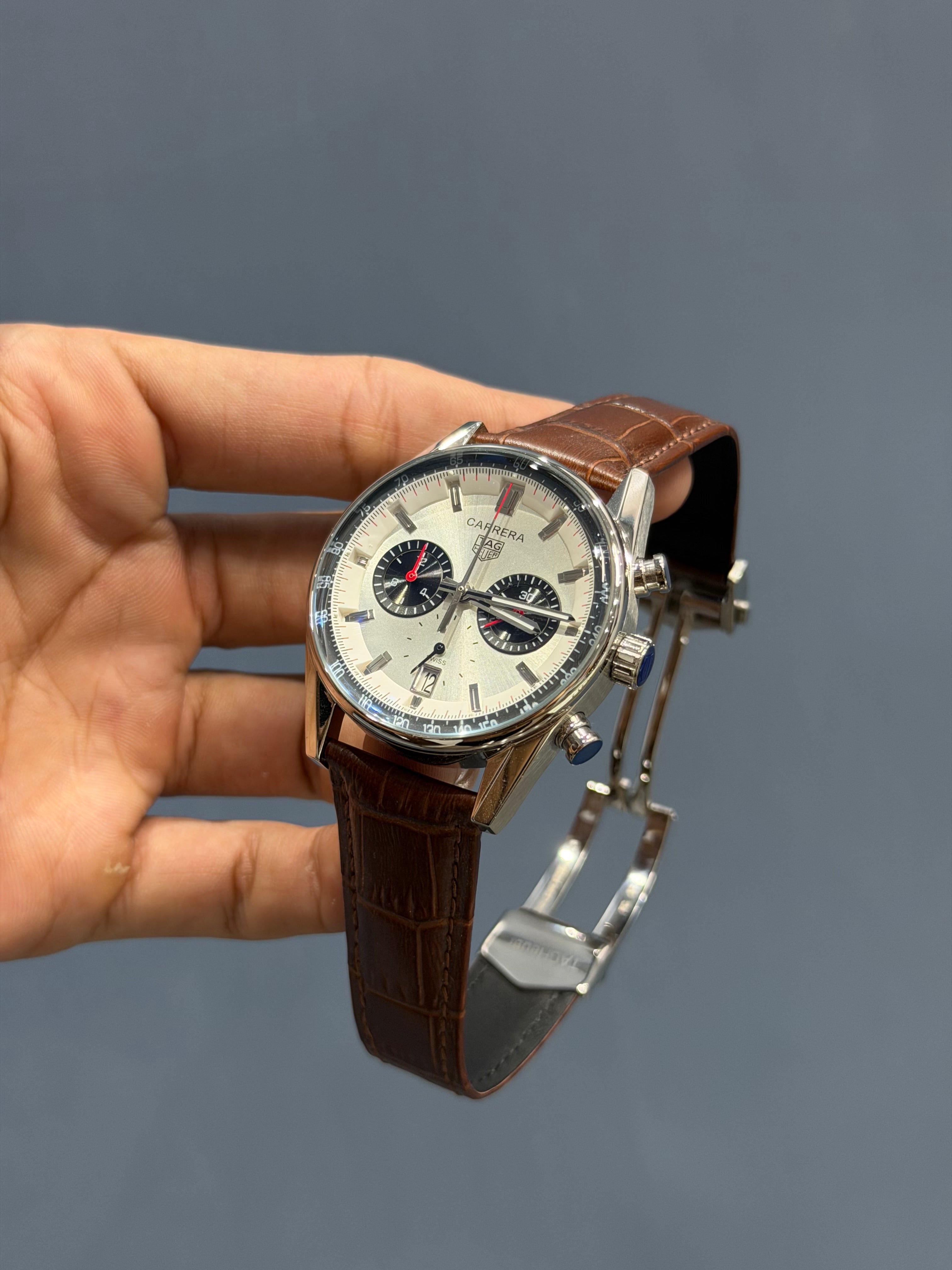 NEW COLLECTION CHRONOGRAPH SILVER CASE WITH WHITE DIAL & BROWN LEATHER WATCH