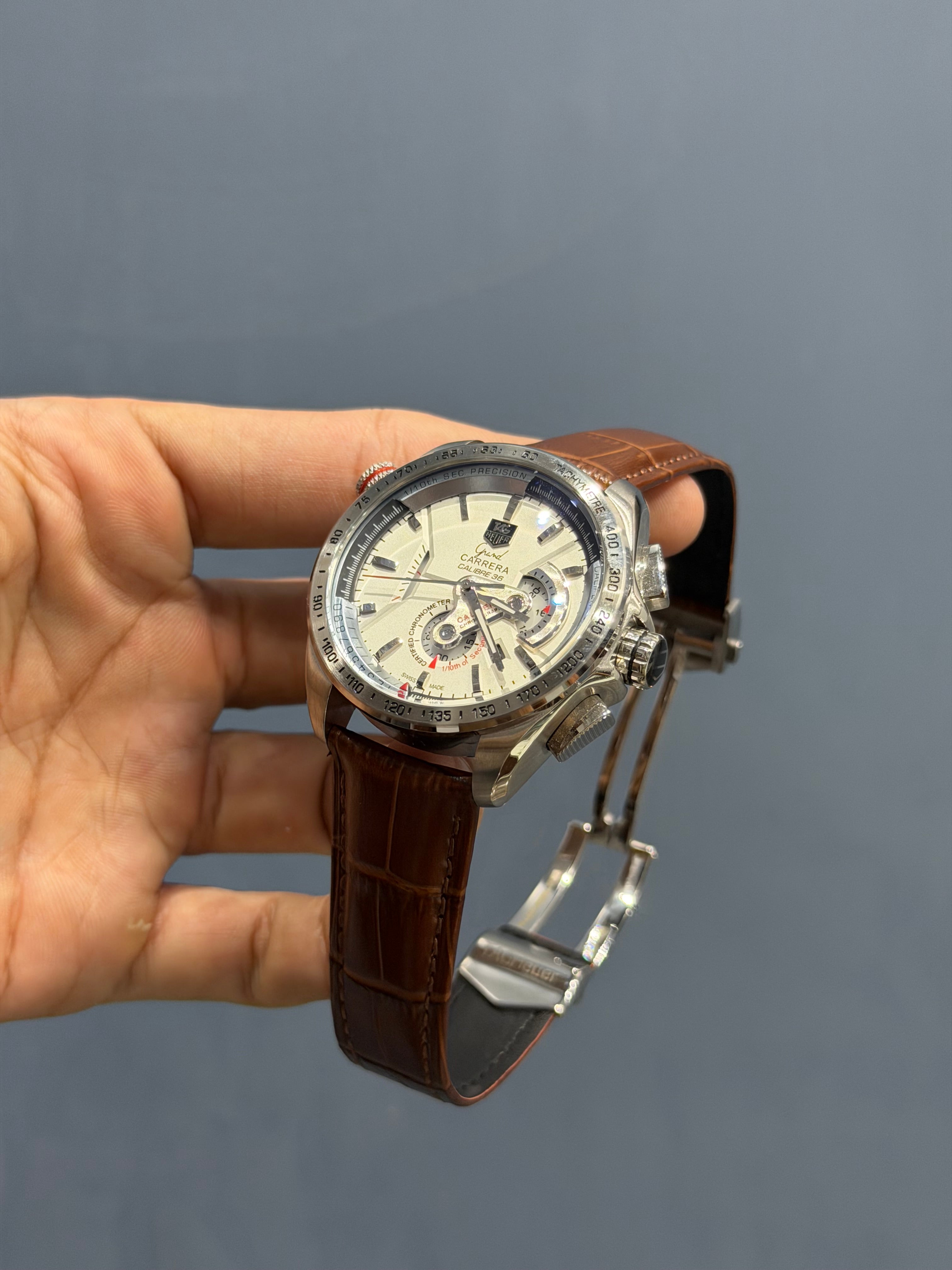 NEW COLLECTION CHRONOGRAPH SILVER CASE WITH WHITE DIAL LEATHER STRAP