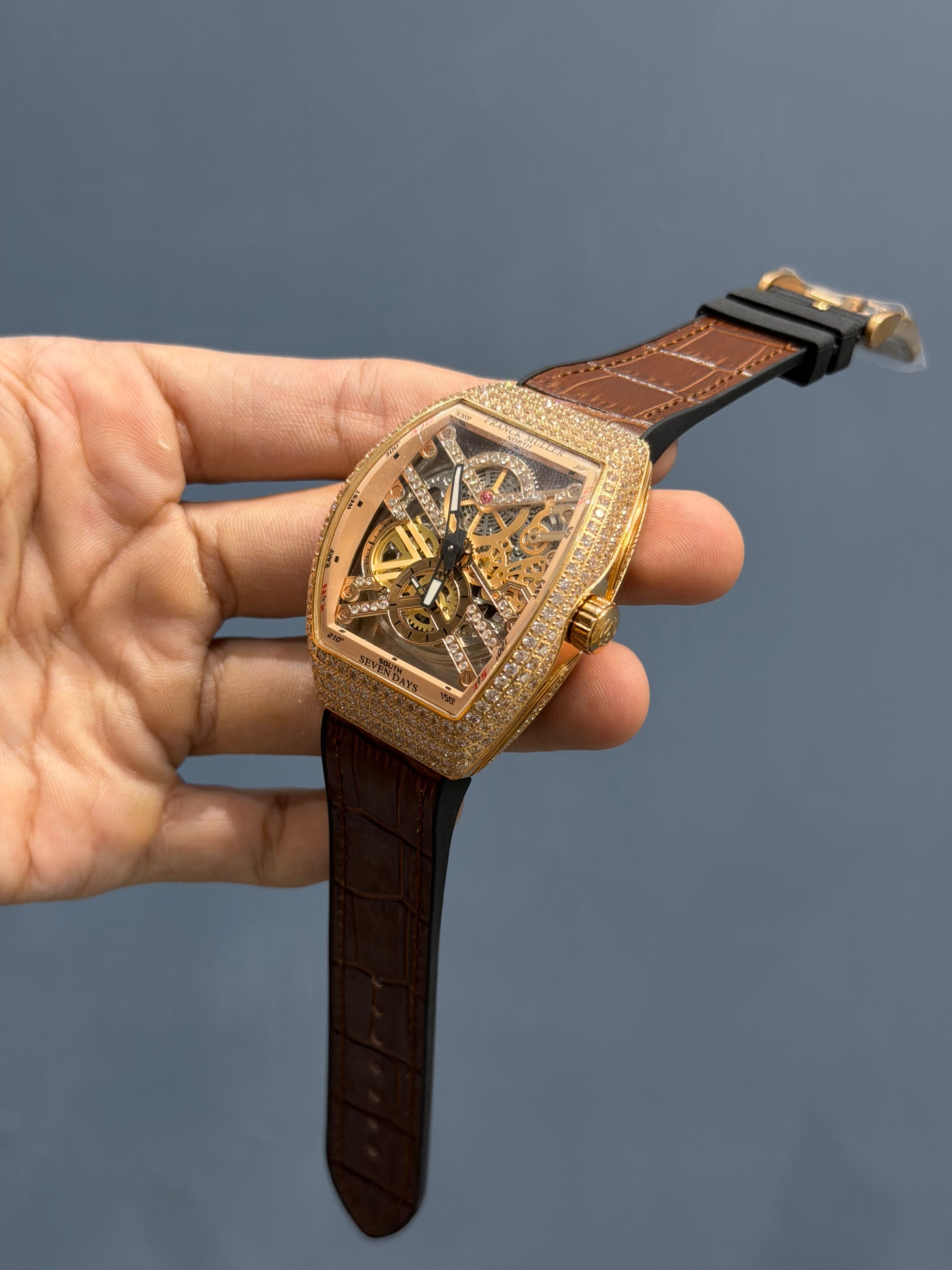 NEW COLLECTION SILVER STONE CASE WITH SKELETON DIAL AND LEATHER STRAP