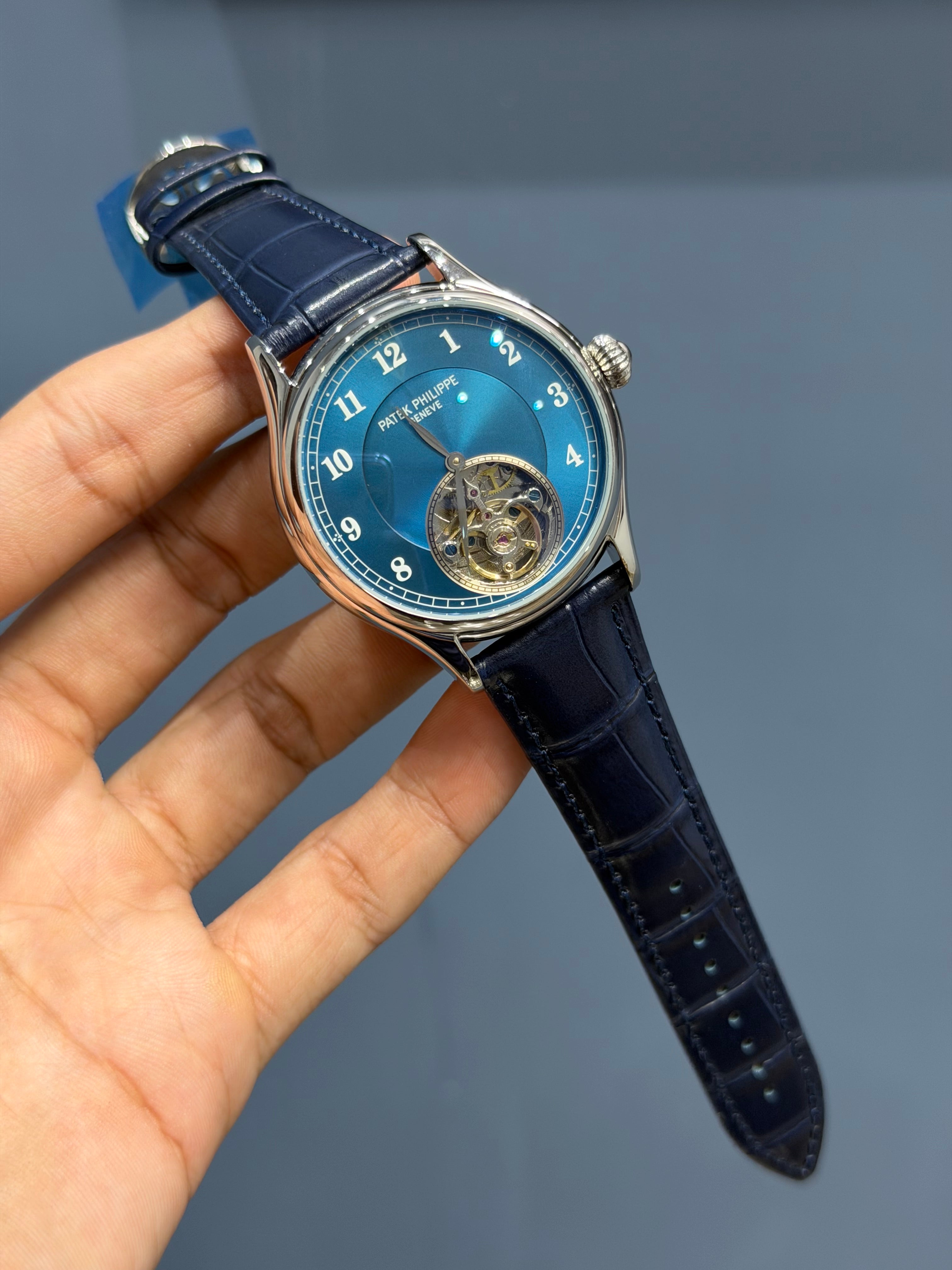 NEW COLLECTION TOURBILLON SILVER CASE WITH BLUE DIAL & BLACK LEATHER STRAP
