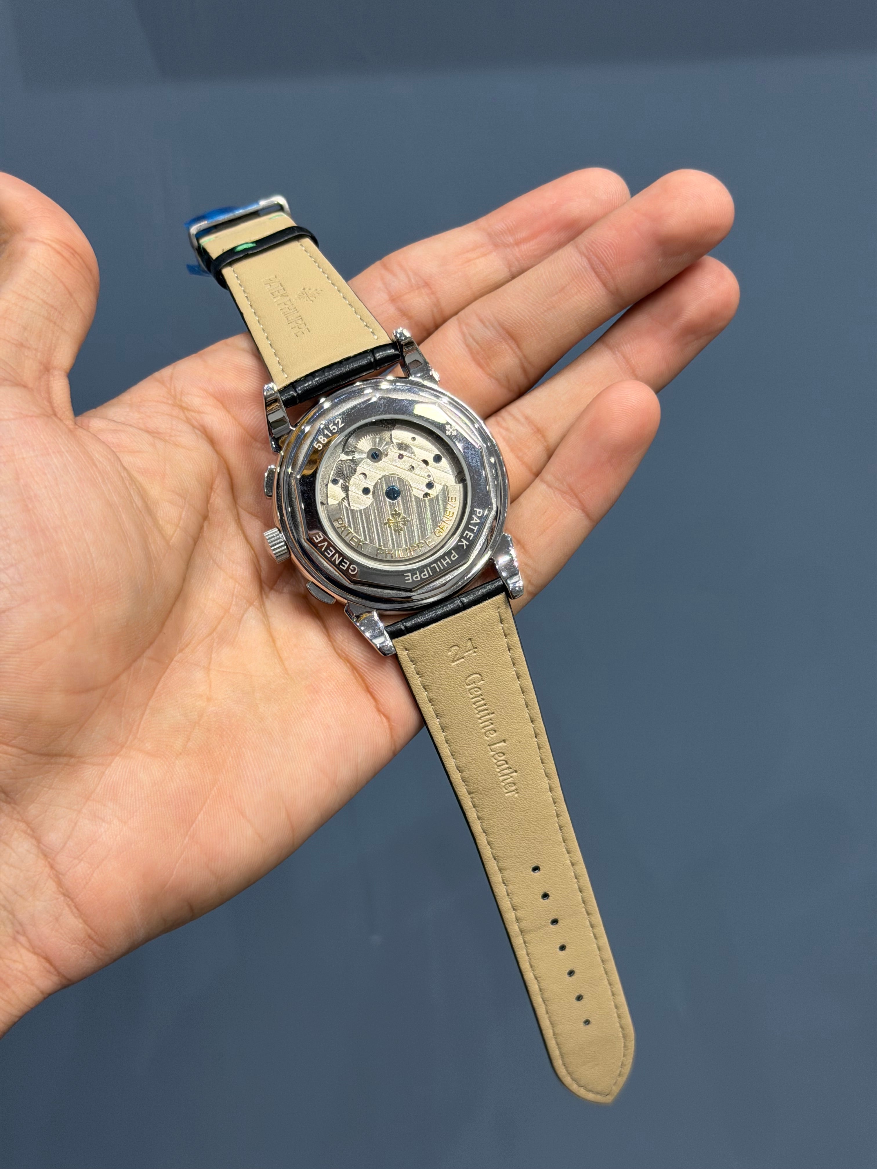 NEW COLLECTION CHRONOGRAPH SILVER CASE WITH STONE BLUE DIAL & LEATHER STRAP
