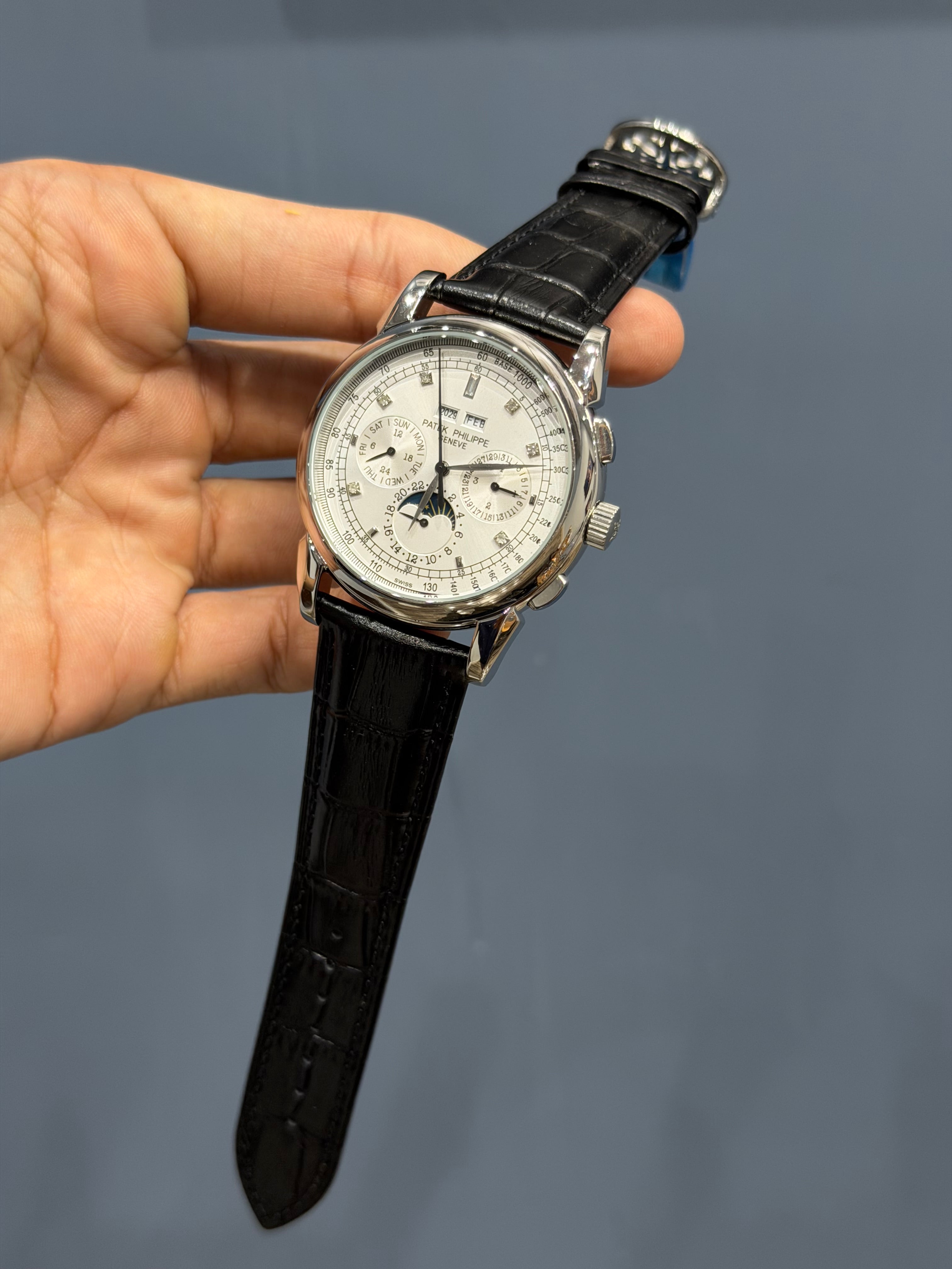 NEW COLLECTION CHRONOGRAPH SILVER CASE WITH STONE WHITE DIAL & LEATHER STRAP