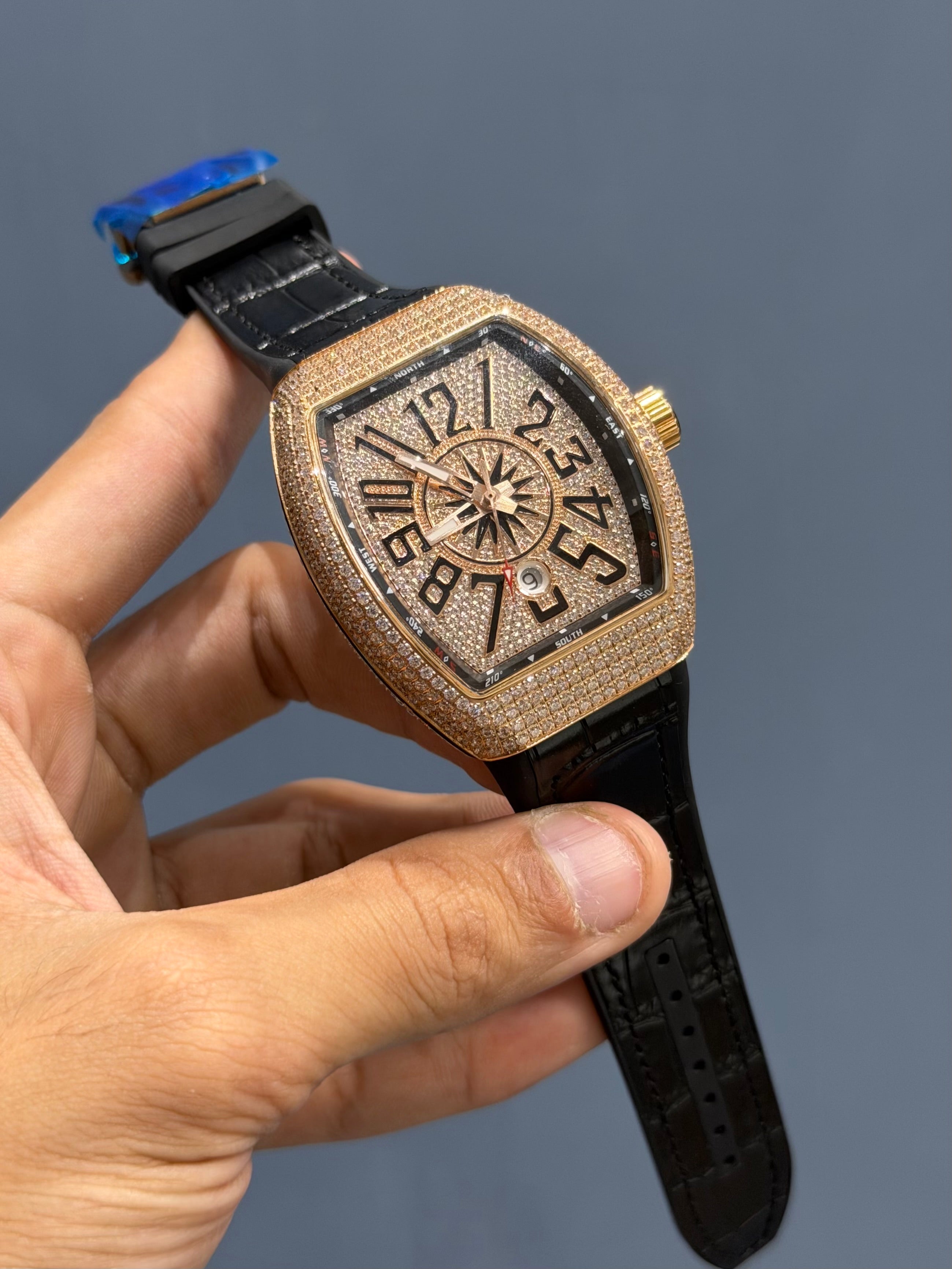 NEW COLLECTION ROSE GOLD STONE CASE & DIAL WITH BLACK STRAP
