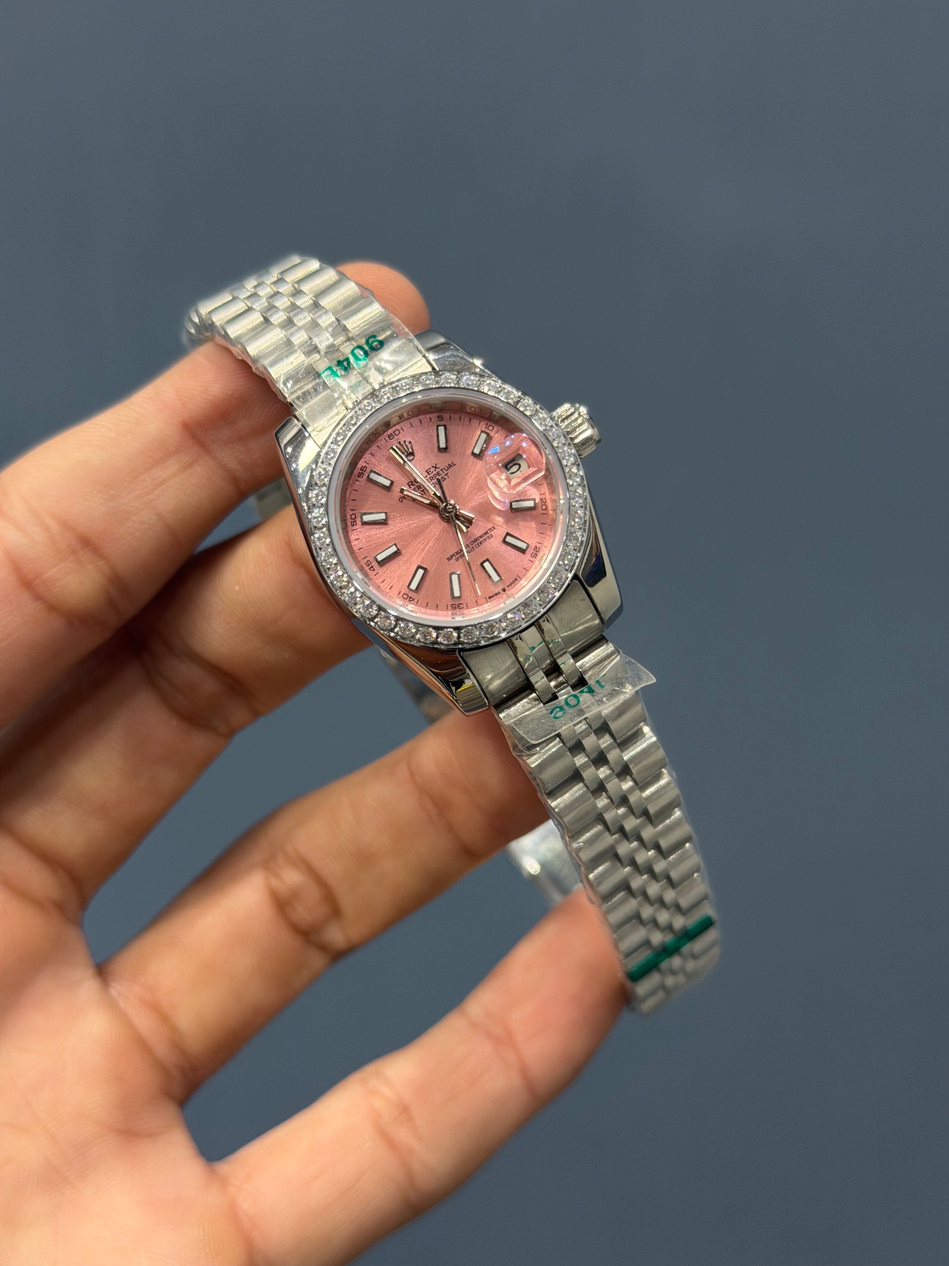 NEW COLLECTION 31 SILVER CHAIN  WITH PINKISH DIAL STONE BEZEL AUTOMATIC WATCH FACTORY