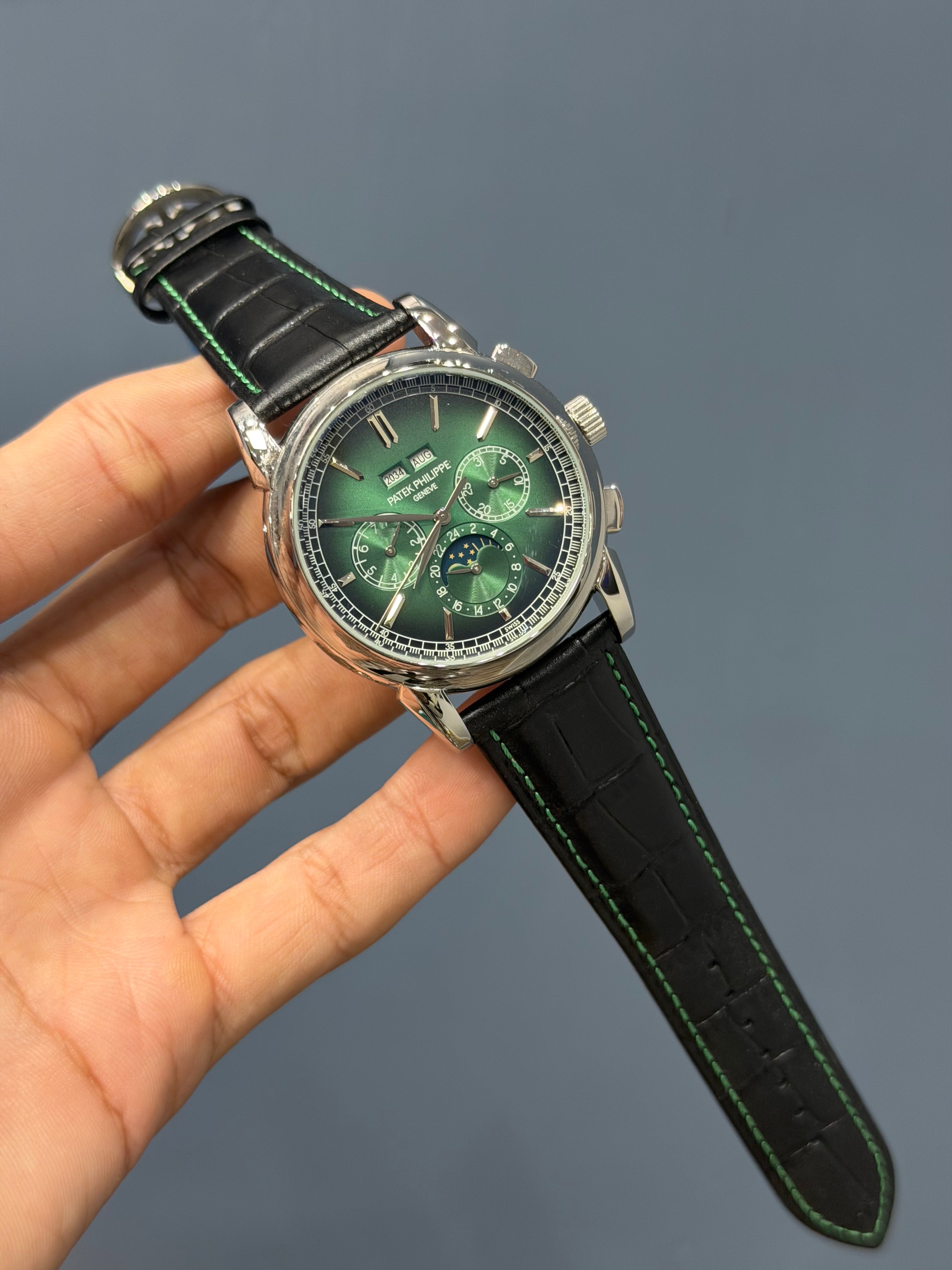 NEW COLLECTION CHRONOGRAPH SILVER CASE WITH INDEX GREEN DIAL & LEATHER STRAP