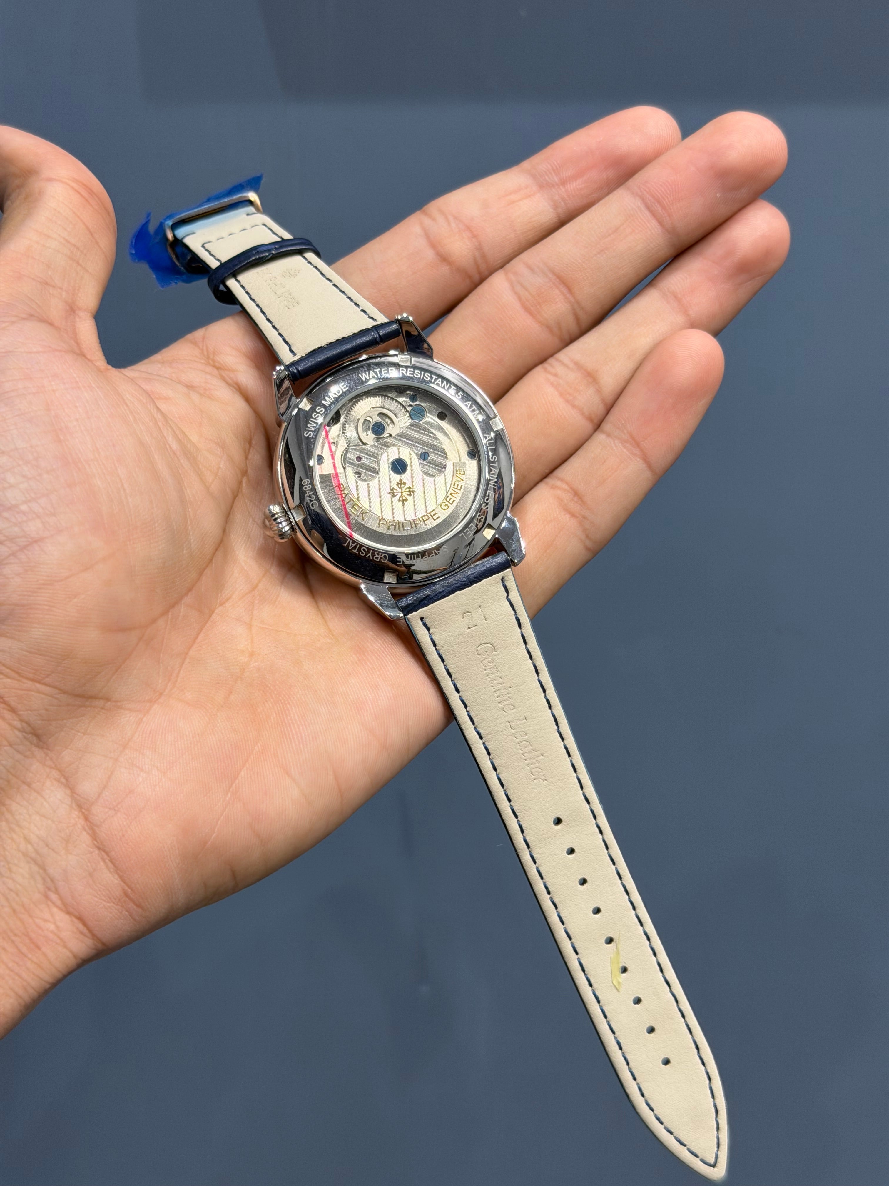 NEW COLLECTION TOURBILLON SILVER CASE WITH SKYBLUE DIAL & BLUE LEATHER STRAP