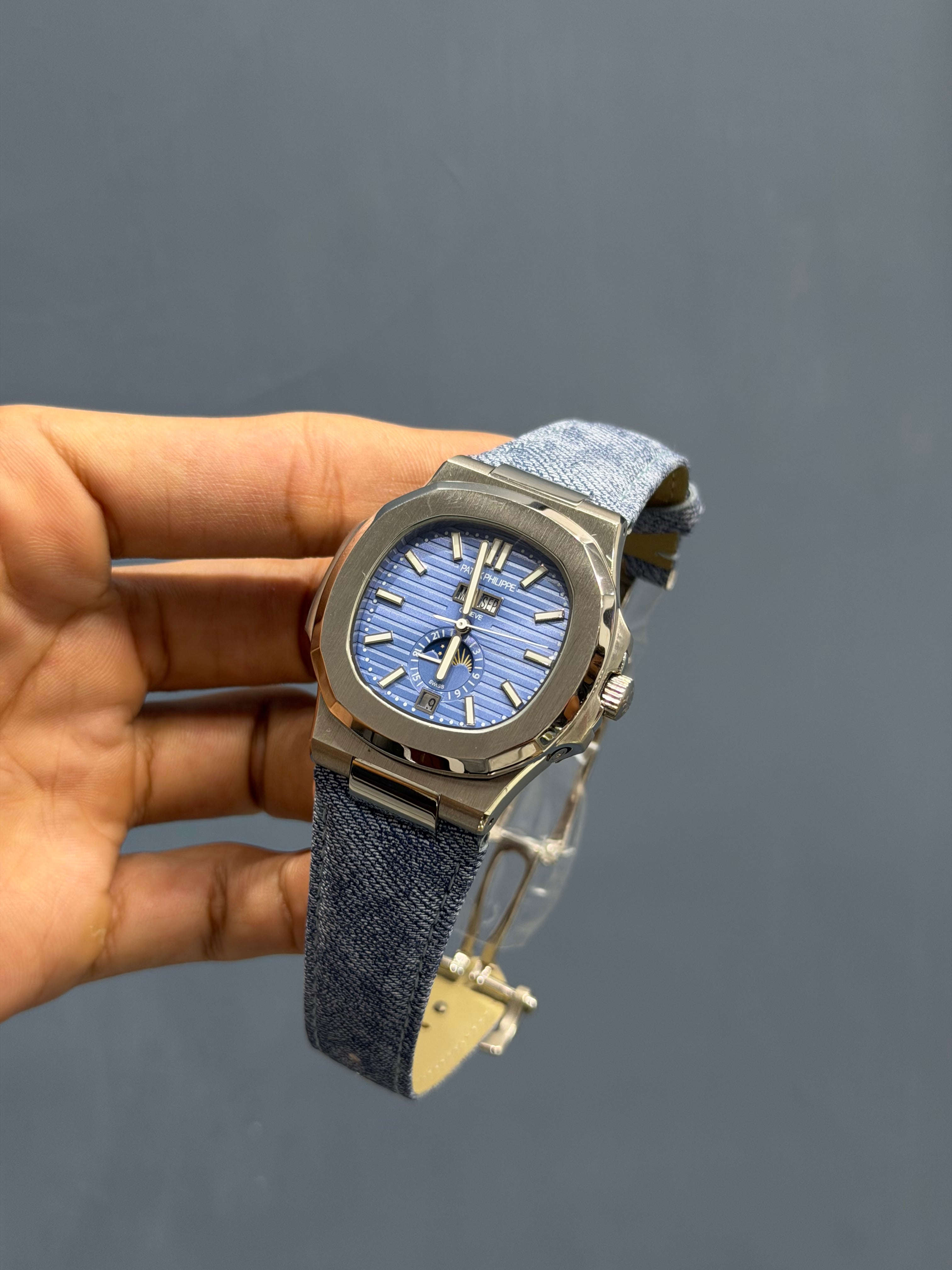 NEW COLLECTION ANNUAL CALENDER MOON PHASE SILVER CASE WITH SKY DIAL & DENIM STRAP