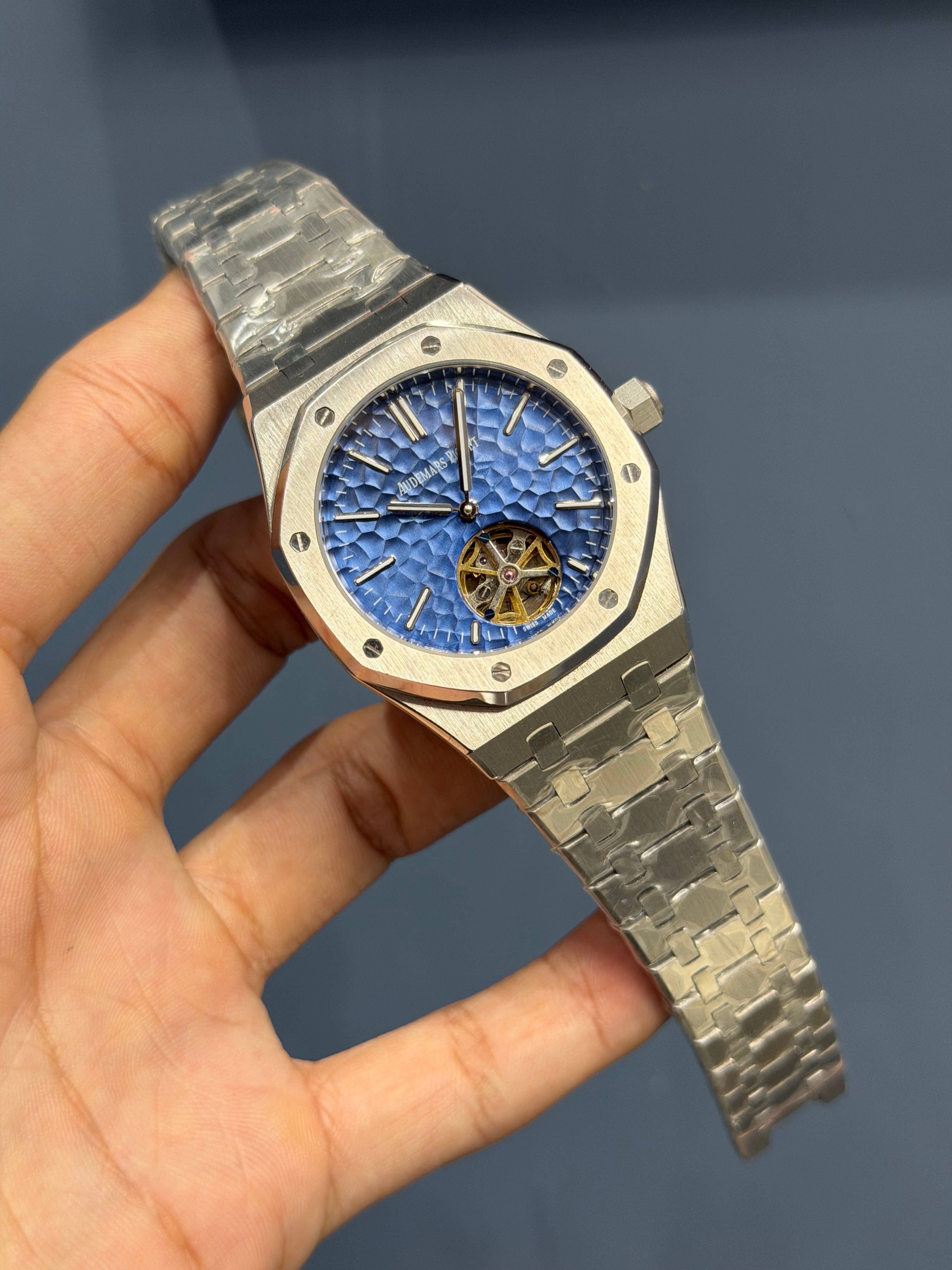 NEW COLLECTION TOURBILLON SILVER WITH BLUEISH DIAL AUTOMATIC WATCH