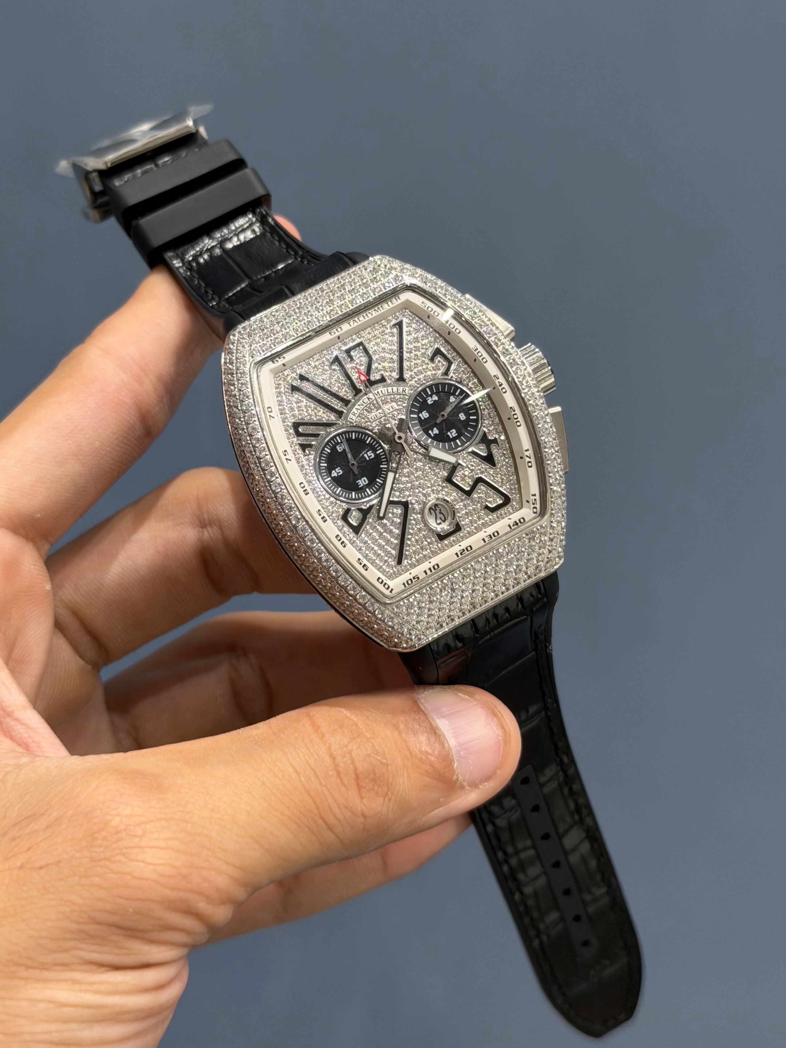 NEW COLLECTION CHRONOGRAPH SILVER STONE CASE & DIAL WITH BLACK LEATHER STRAP