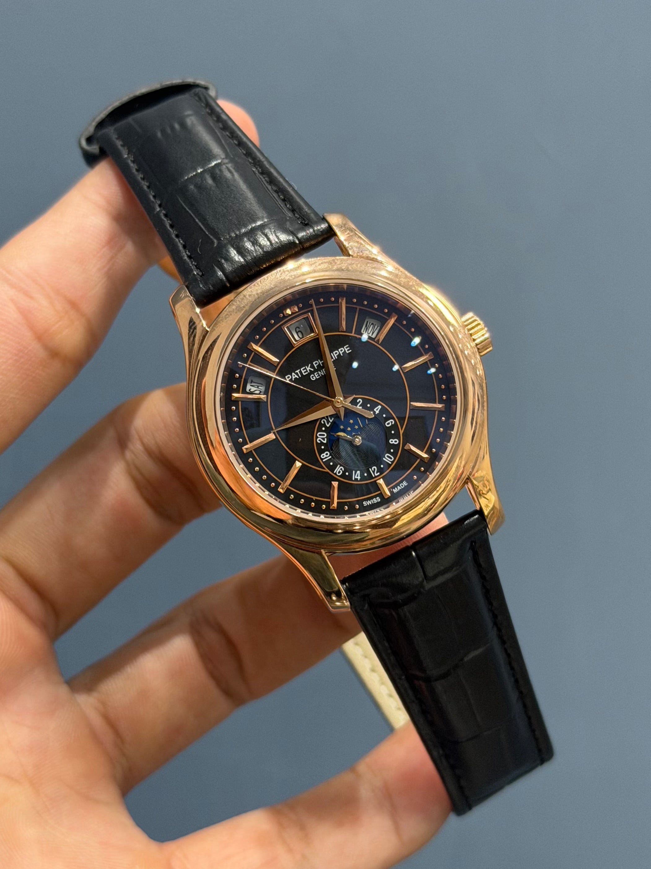 NEW COLLECTION MOON PHASE ROSE GOLD CASE WITH BLACK DIAL & BLACK LEATHER STRAP