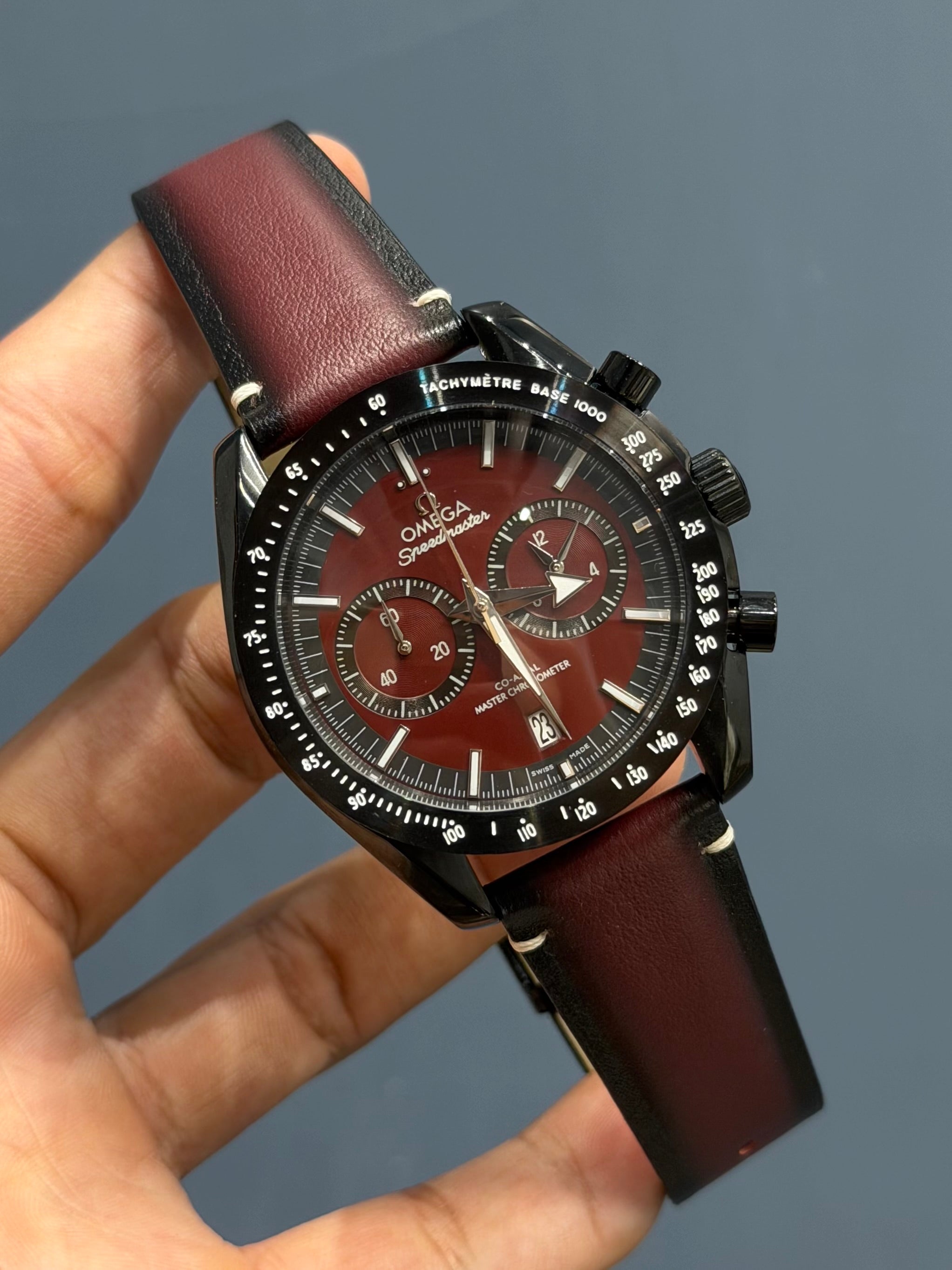 NEW COLLECTION ALL BLACK CASE WITH MAHROON DIAL & MAHROON LEATHER STRAP