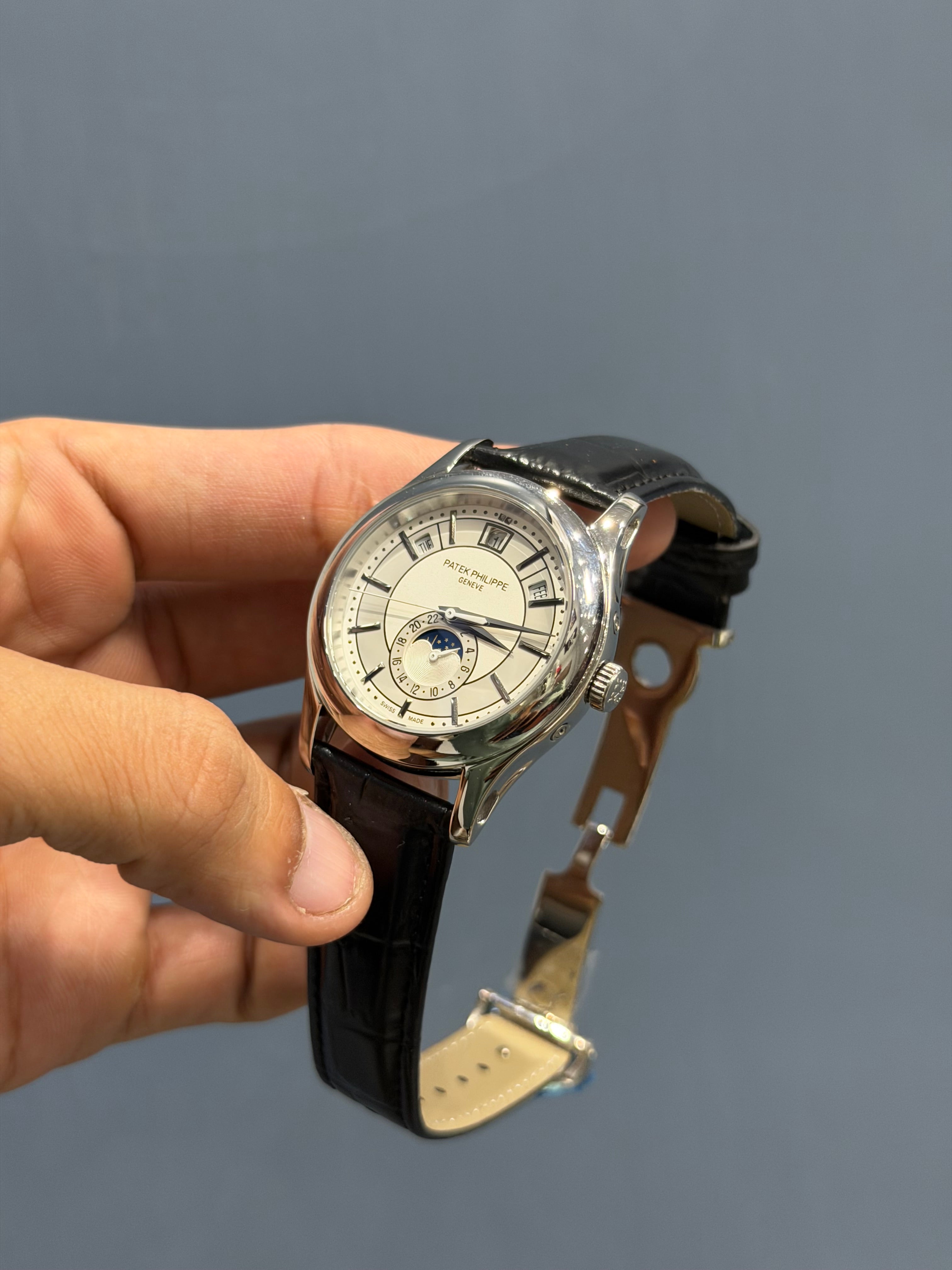 NEW COLLECTION MOON PHASE SILVER CASE WITH WHITE DIAL & BLACK LEATHER STRAP