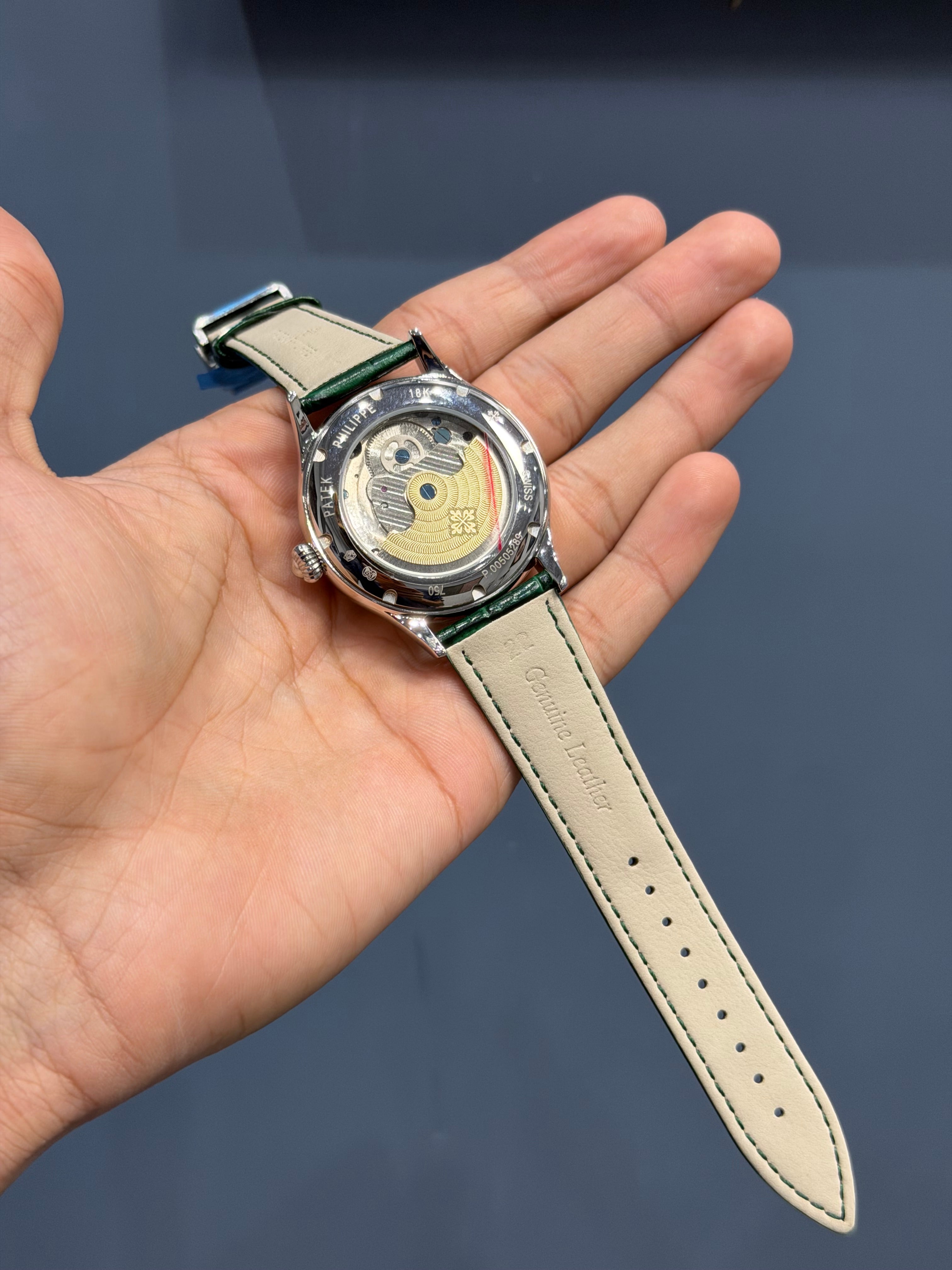 NEW COLLECTION TOURBILLON SILVER CASE WITH GREEN DIAL & GREEN LEATHER STRAP