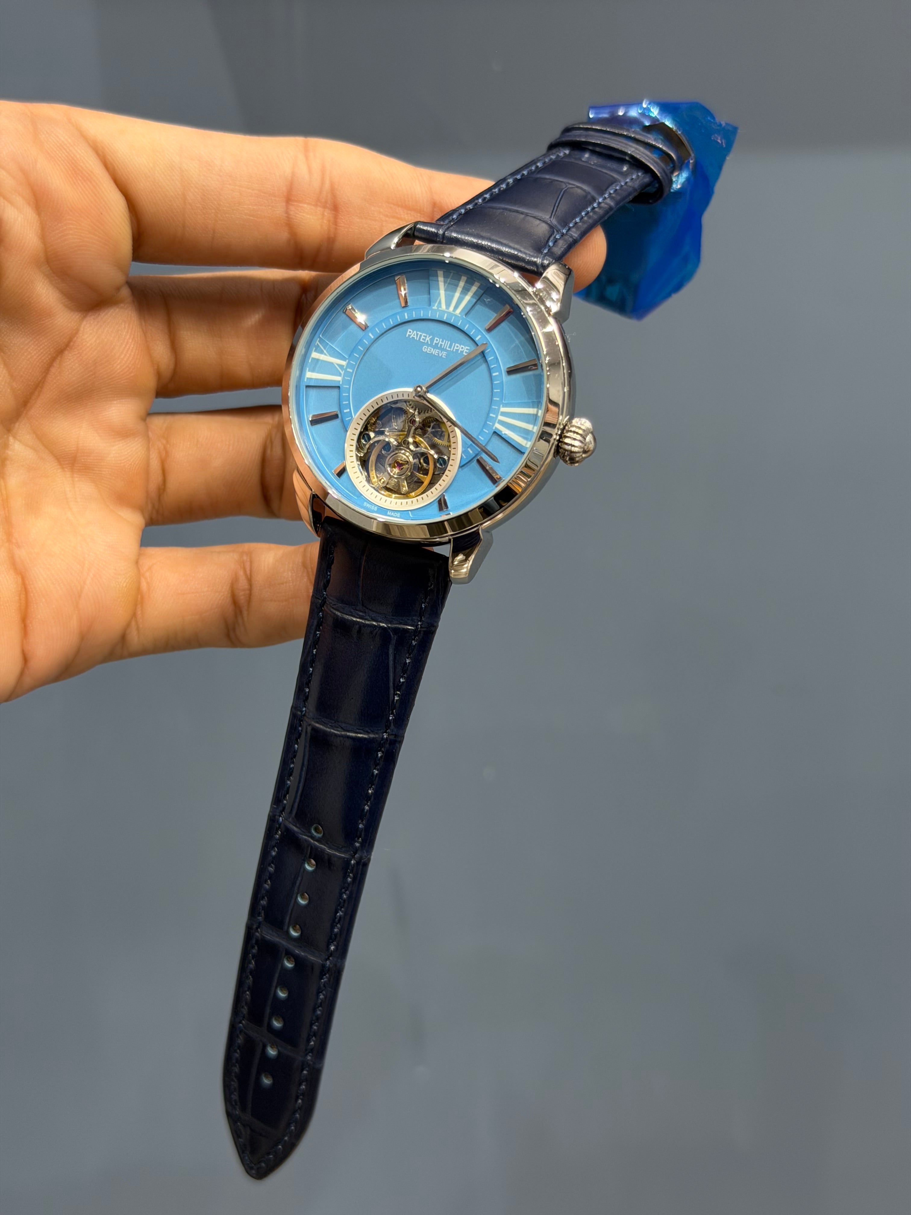 NEW COLLECTION TOURBILLON SILVER CASE WITH SKYBLUE DIAL & BLUE LEATHER STRAP