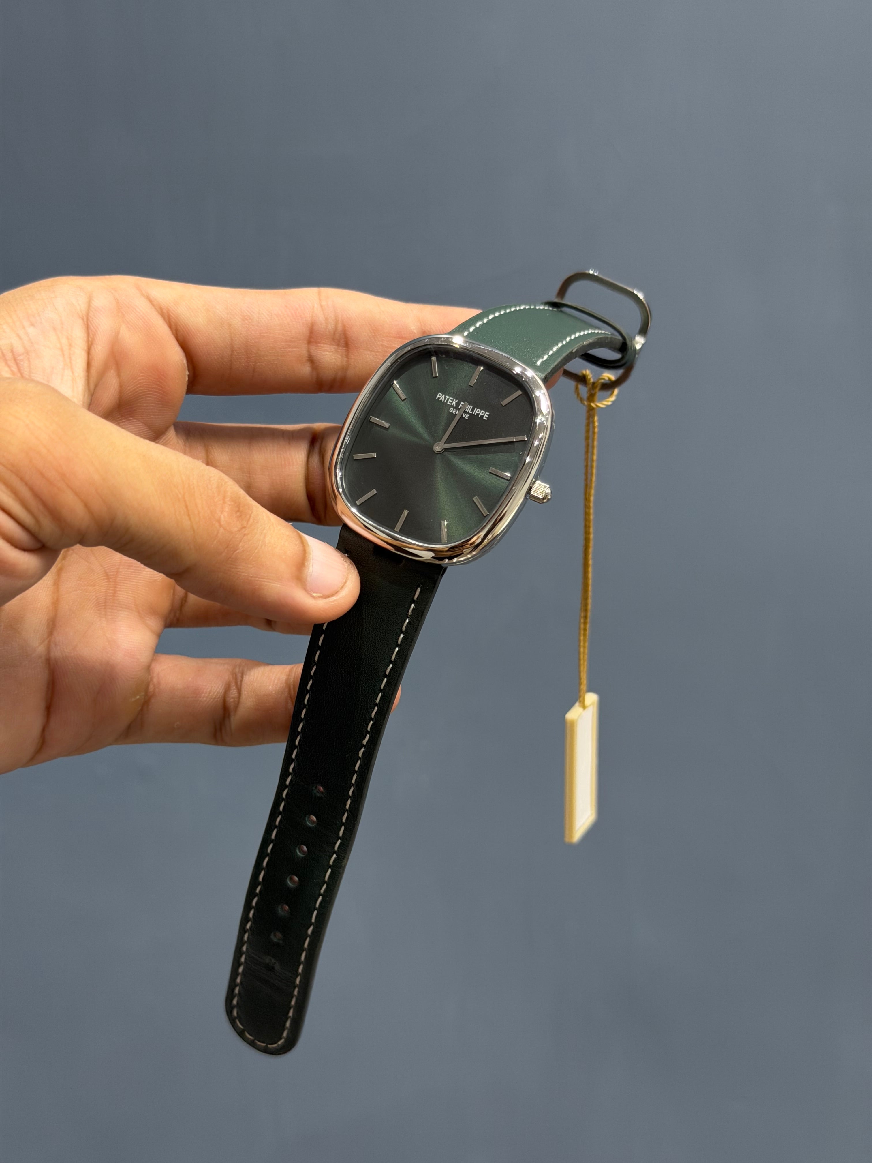 NEW COLLECTION SQUARE SILVER WITH GREEN DIAL LEATHER STRAP WATCH