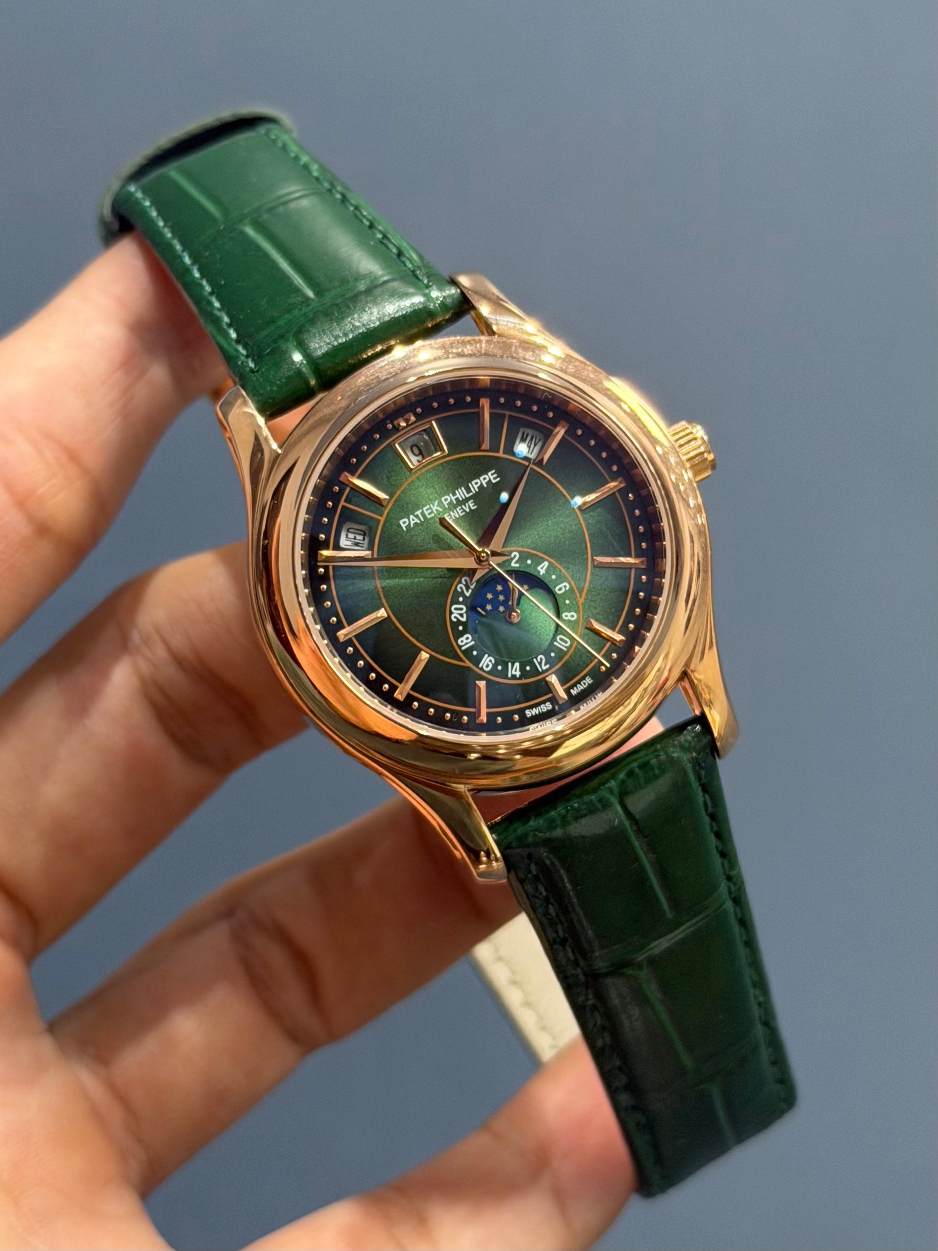 NEW COLLECTION MOON PHASE ROSE GOLD CASE WITH GREEN DIAL & GREEN LEATHER STRAP