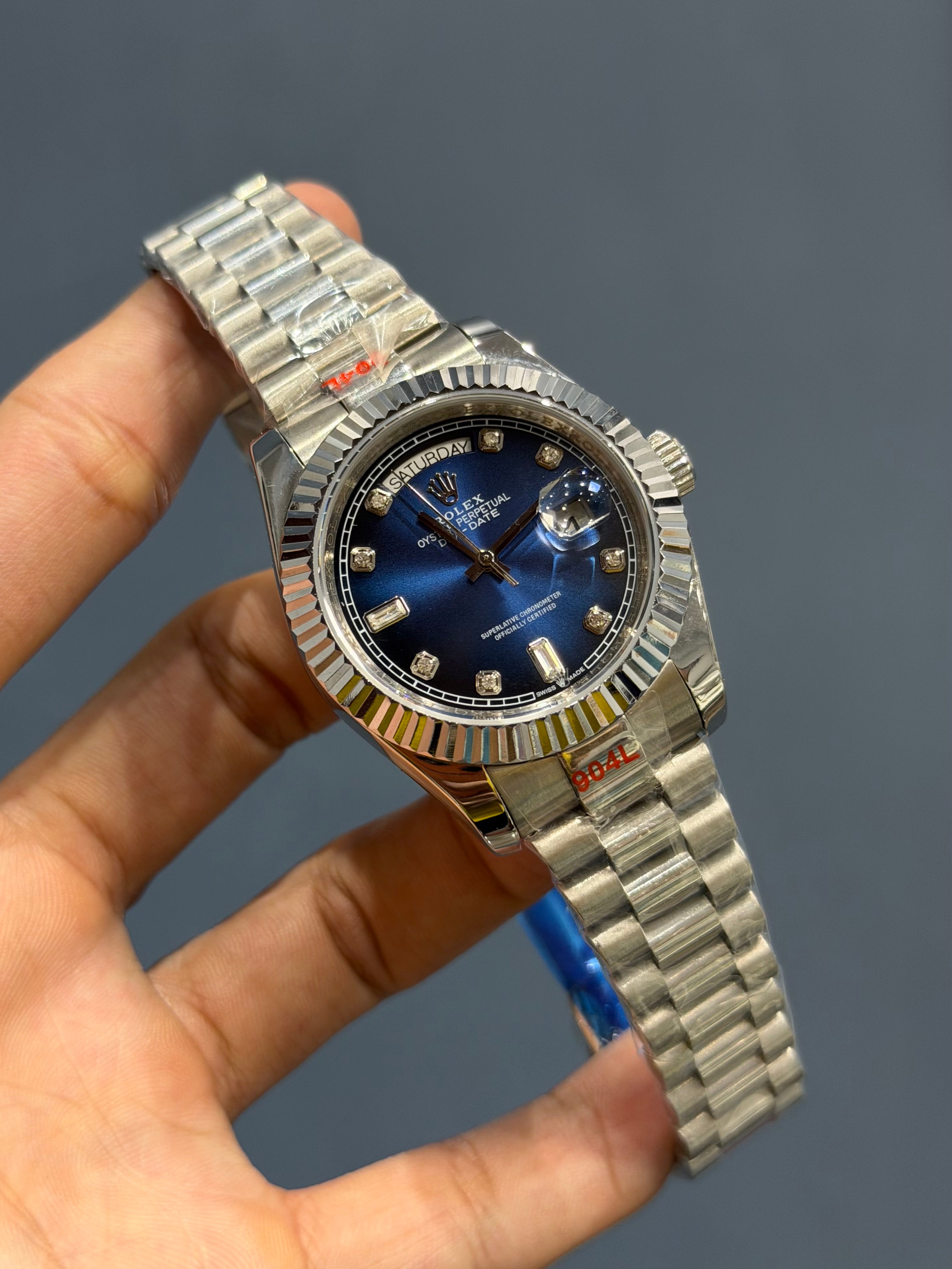 NEW COLLECTION 40 SILVER WITH BLUE DIAL STONE NUMERAL & FLUTED BEZEL ZR FACTORY