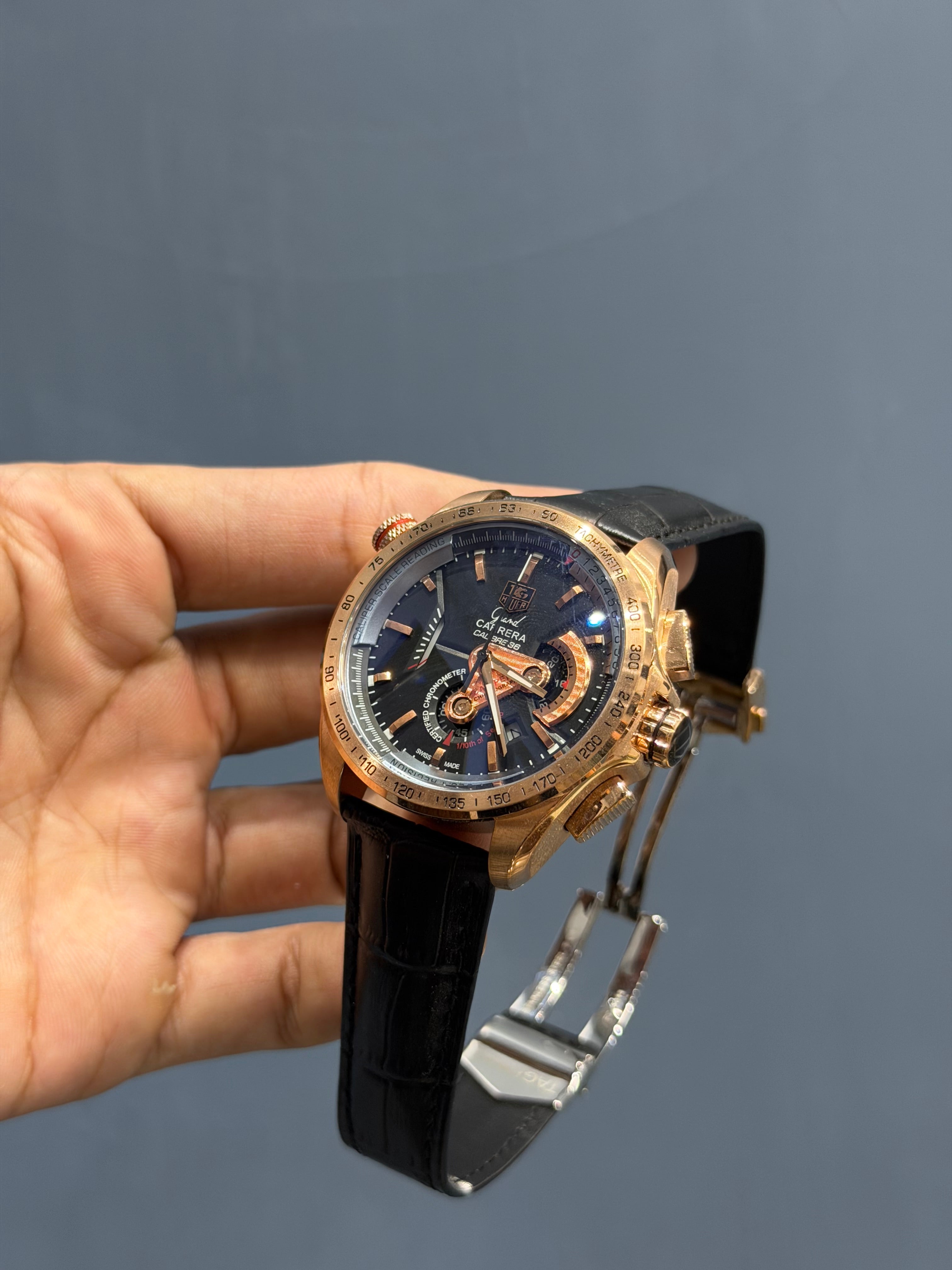 NEW COLLECTION CHRONOGRAPH ROSE GOLD CASE WITH BLACK DIAL LEATHER STRAP