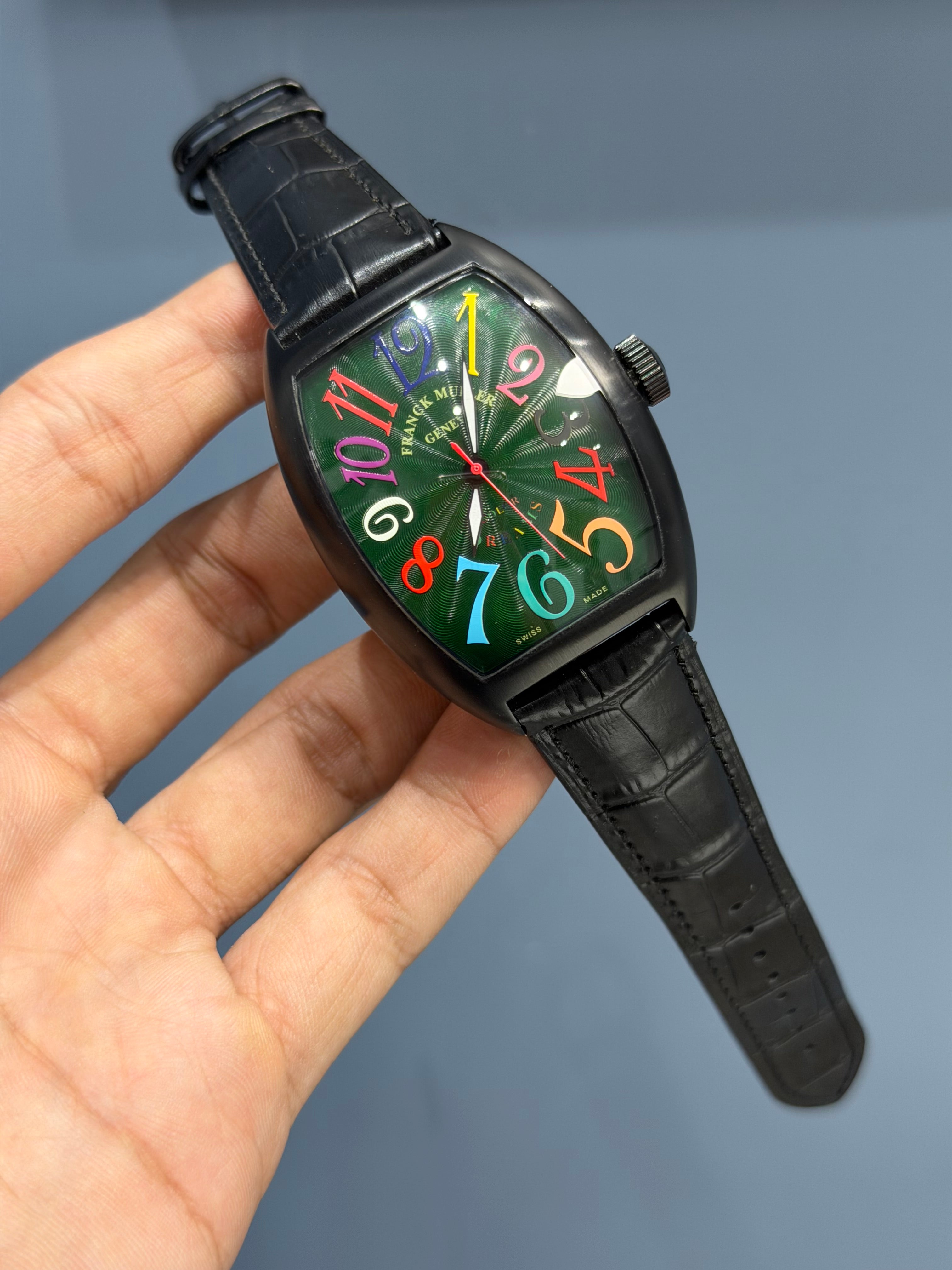 NEW COLLECTION CRAZY HOUR BLACK CASE WITH GREEN DIAL & LEATHER STRAP