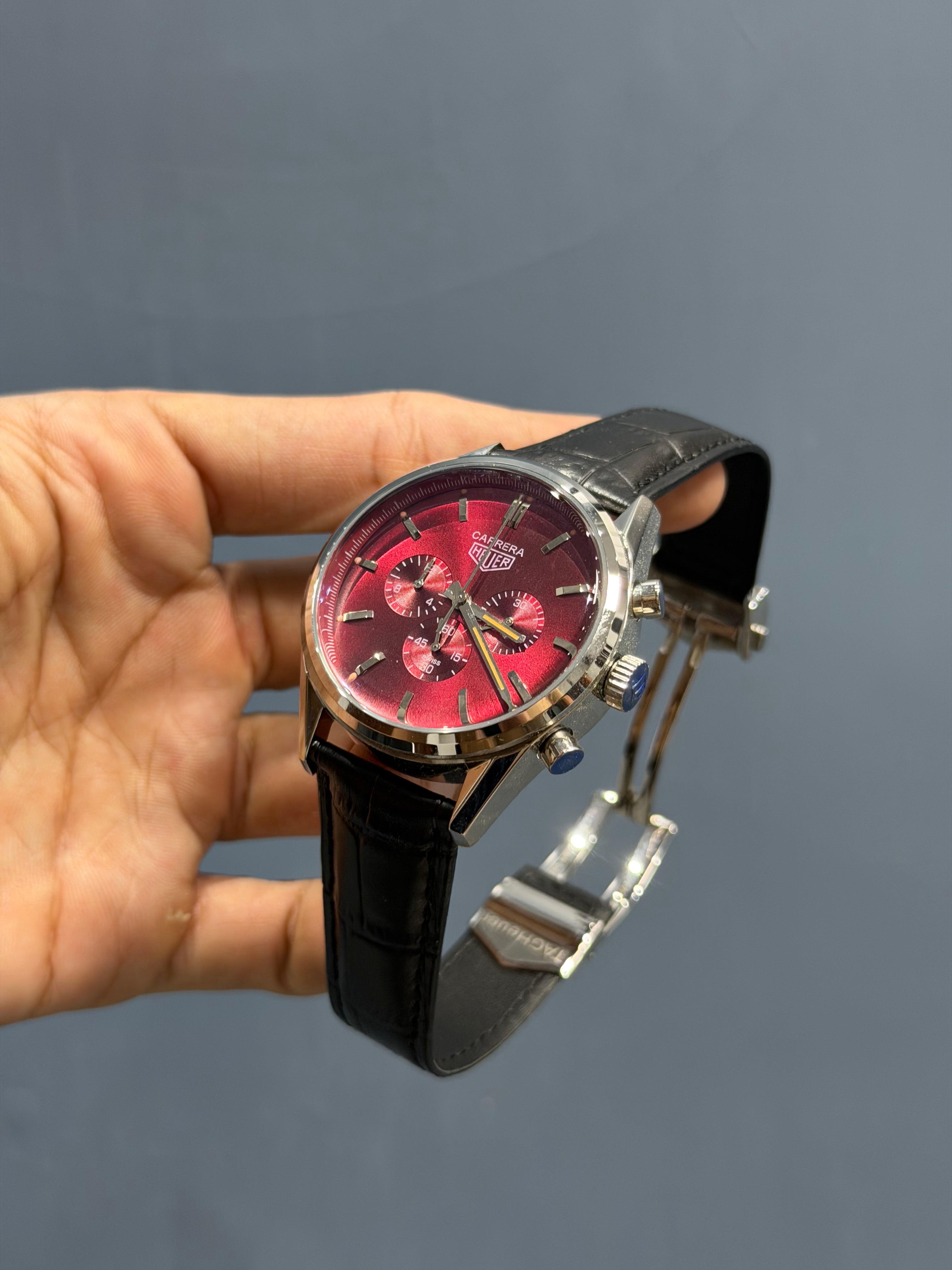 NEW COLLECTION CHRONOGRAPH SILVER WITH CHERRY DIAL BLACK LEATHER WATCH FOR MEN