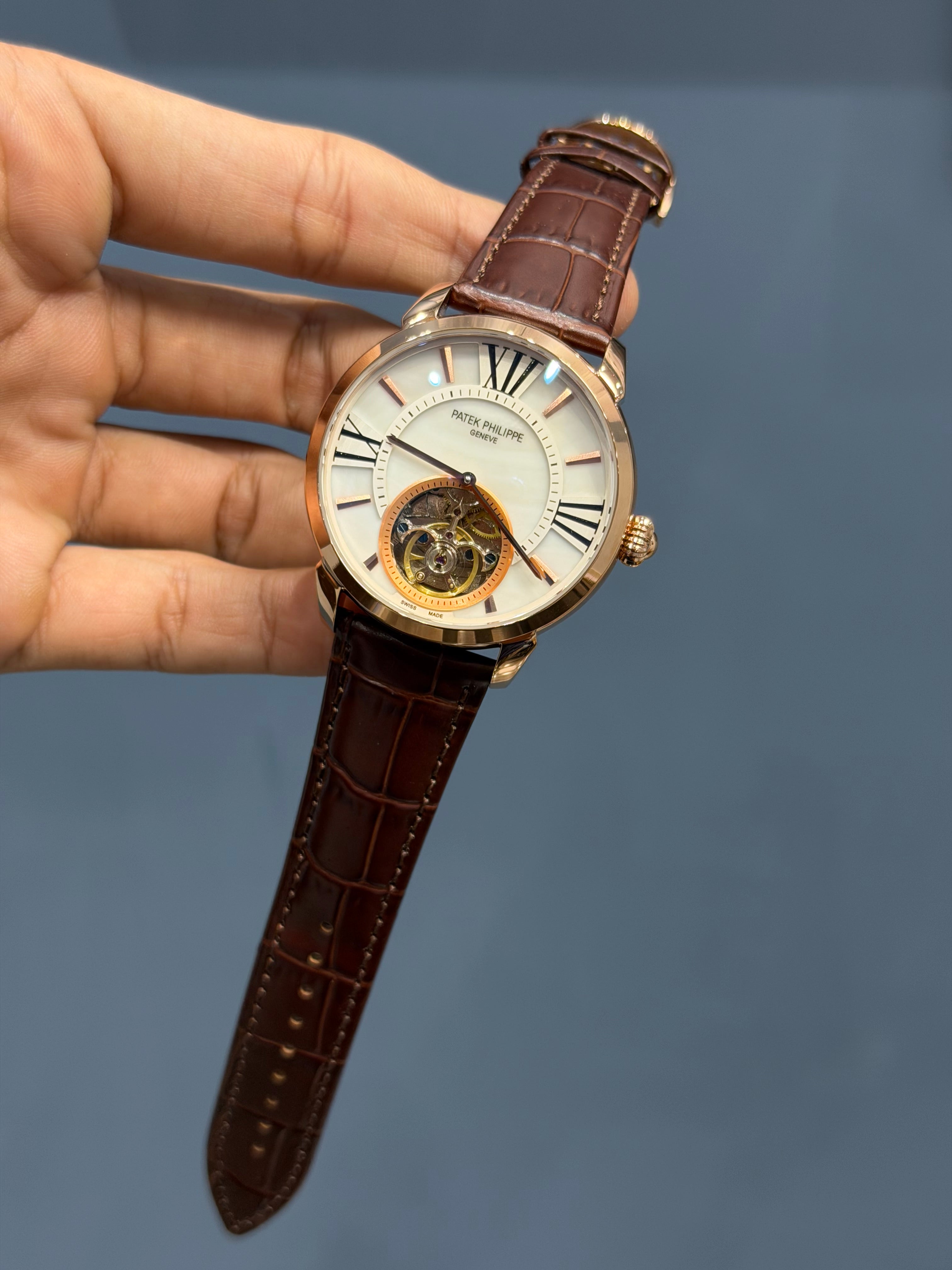 NEW COLLECTION TOURBILLON ROSE CASE WITH WHITE DIAL & BROWN LEATHER STRAP