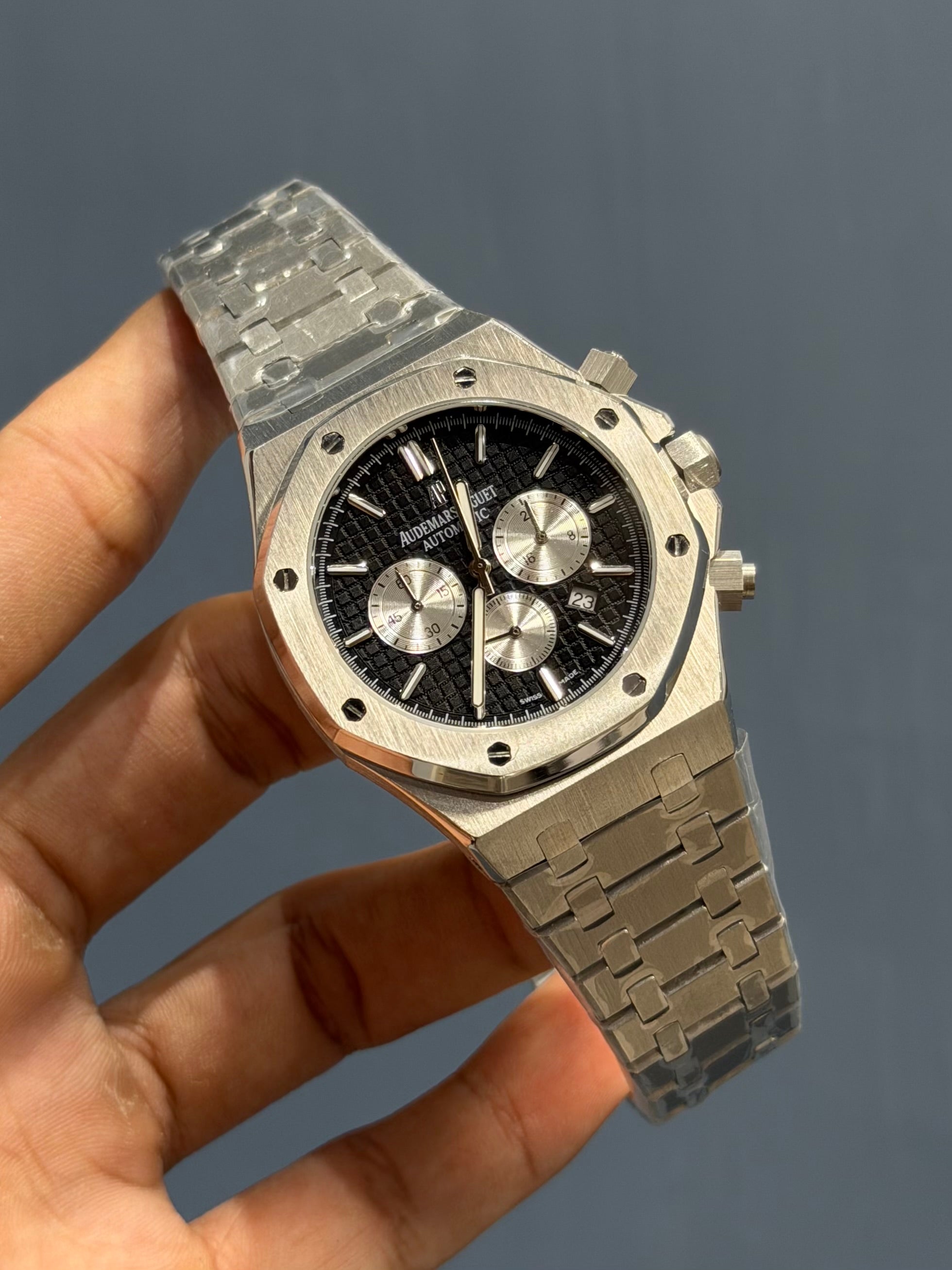 NEW COLLECTION CHRONOGRAPH SILVER WITH BLACK DIAL CHAIN WATCH