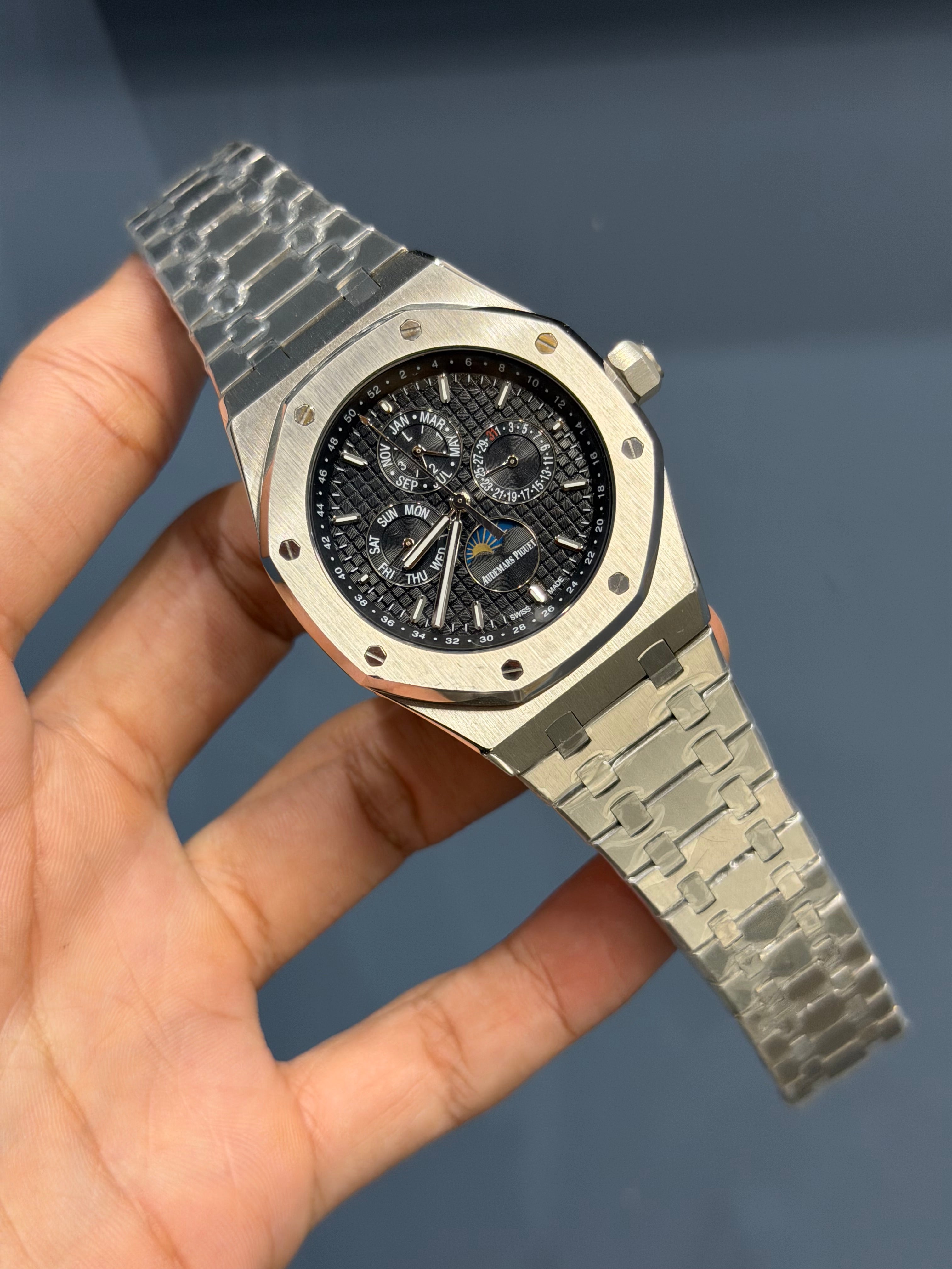 NEW COLLECTION PERPETUAL CALENDAR SILVER STAINLESS STEEL WITH BLACK DIAL CHAIN WATCH