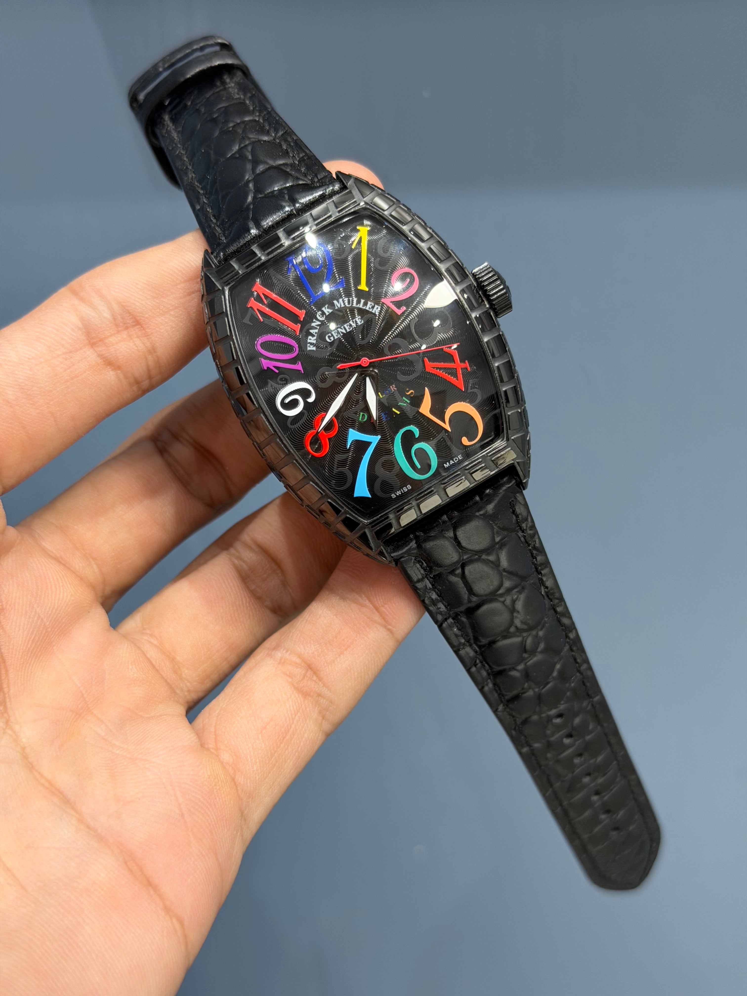 NEW COLLECTION CRAZY HOUR BLACK CASE WITH BLACK DIAL & CROCODILE LEATHER STRAP