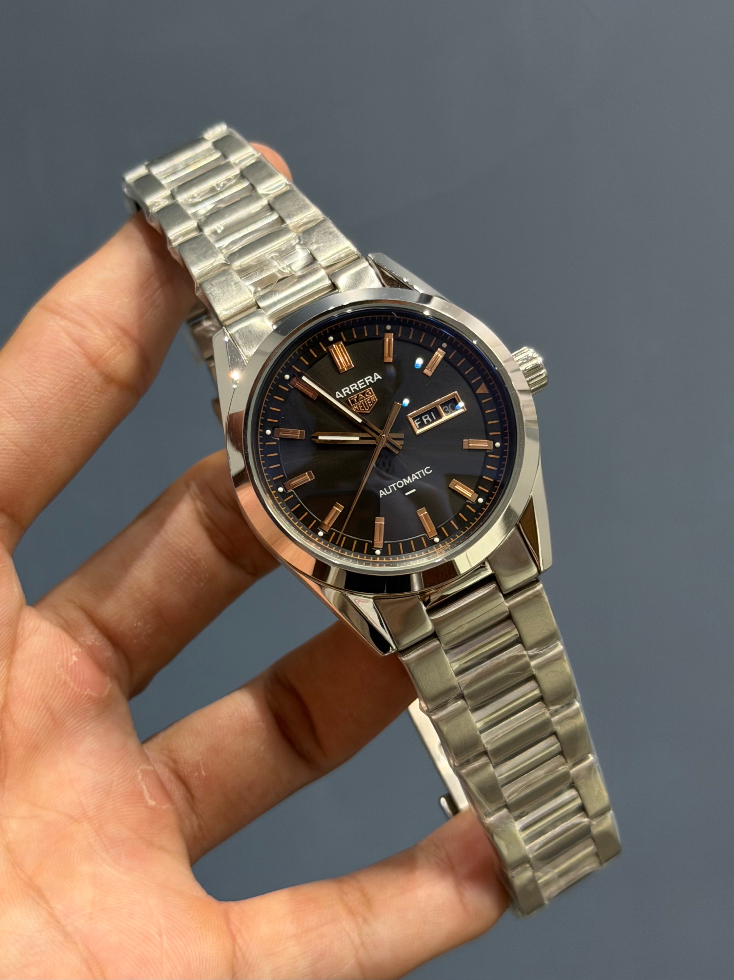 NEW COLLECTION SILVER WITH BLACK DIAL ROSE GOLD INDEX AUTOMATIC WATCH