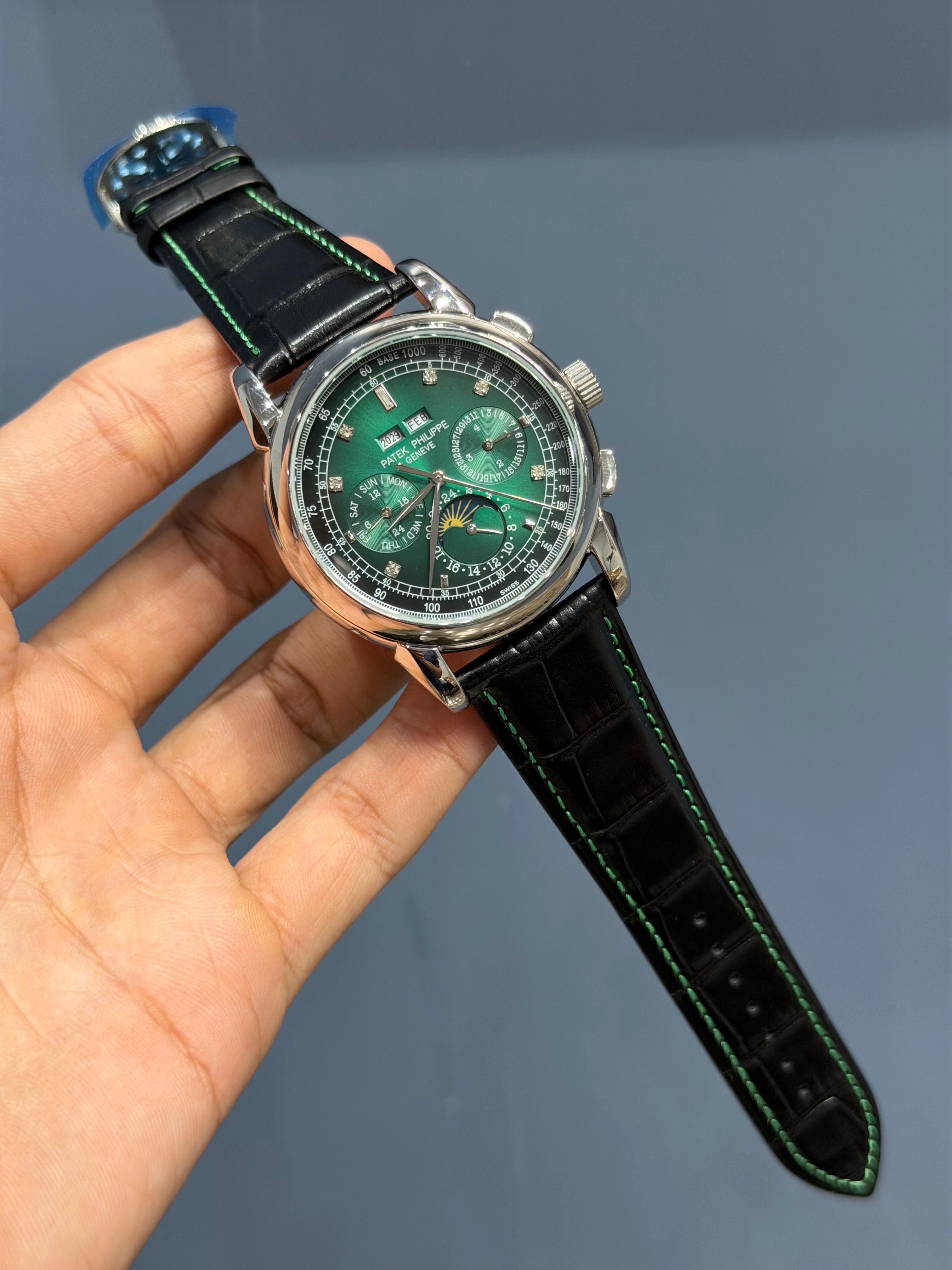 NEW COLLECTION CHRONOGRAPH SILVER CASE WITH STONE GREEN DIAL & LEATHER STRAP