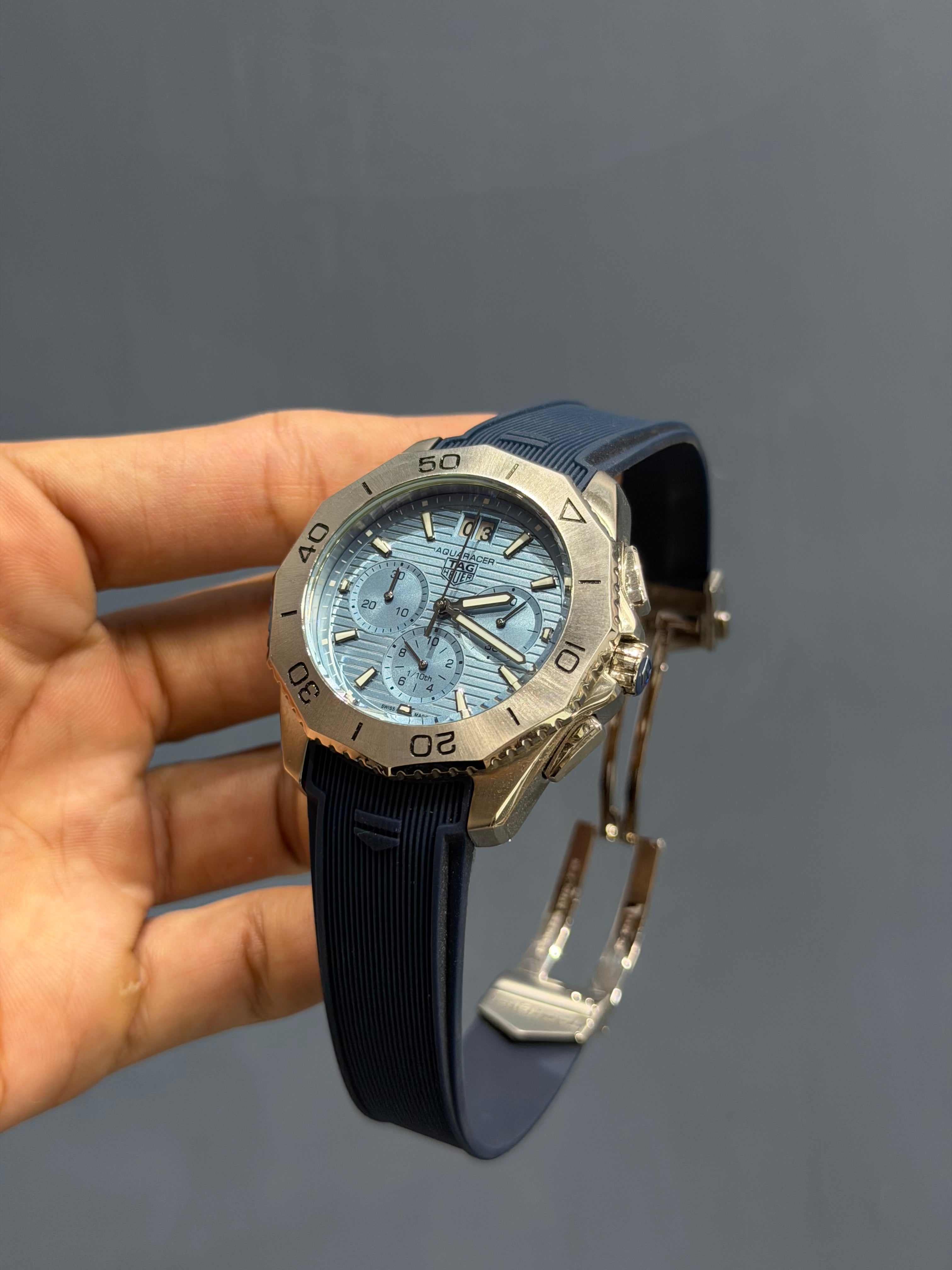 NEW COLLECTION CHRONOGRAPH SILVER WITH SKY BLUE DIAL & BLUE SILICONE STRAP WATCH