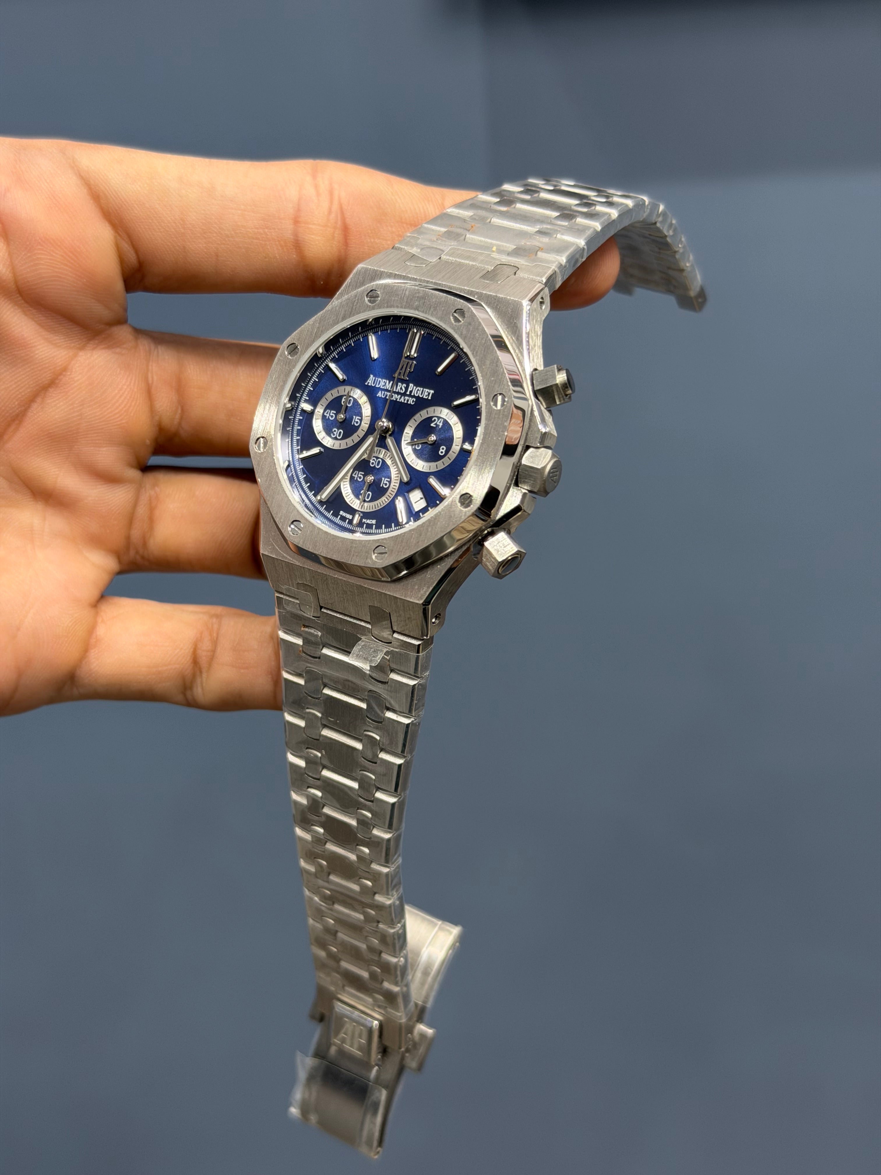 NEW COLLECTION CHRONOGRAPH SILVER WITH BLUE DIAL CHAIN WATCH