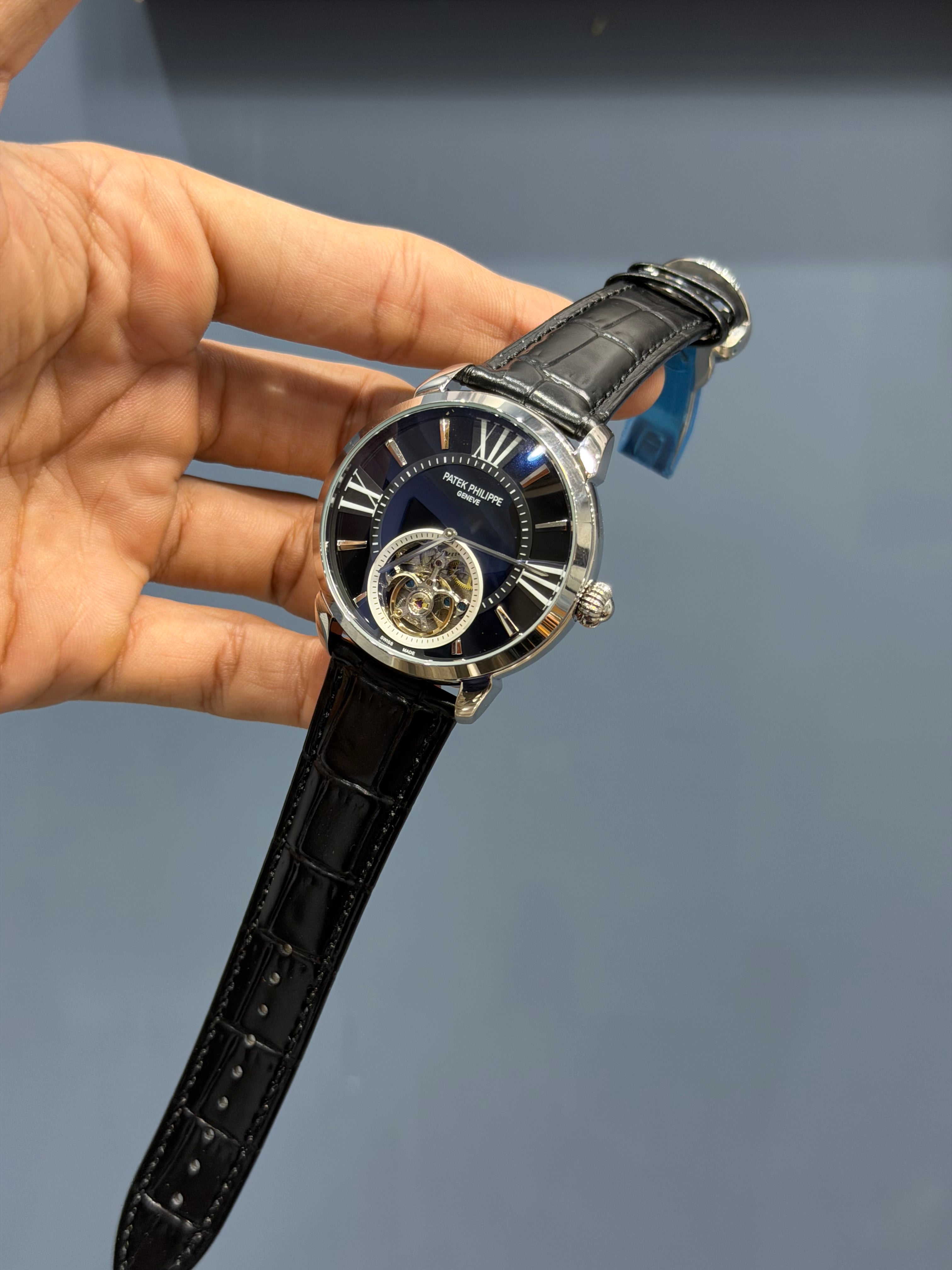 NEW COLLECTION TOURBILLON SILVER CASE WITH BLACK DIAL & BLACK LEATHER STRAP