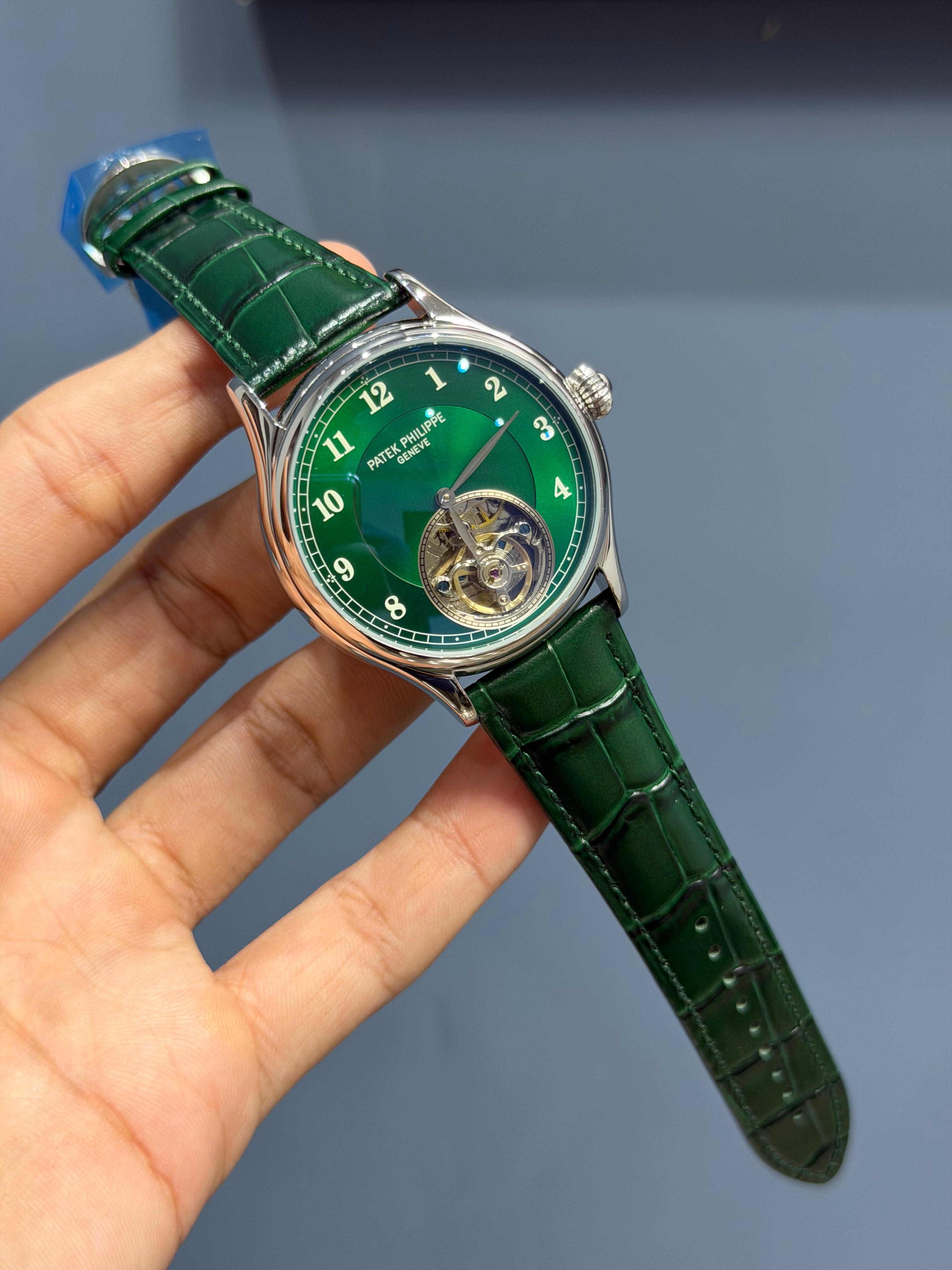 NEW COLLECTION TOURBILLON SILVER CASE WITH GREEN DIAL & GREEN LEATHER STRAP