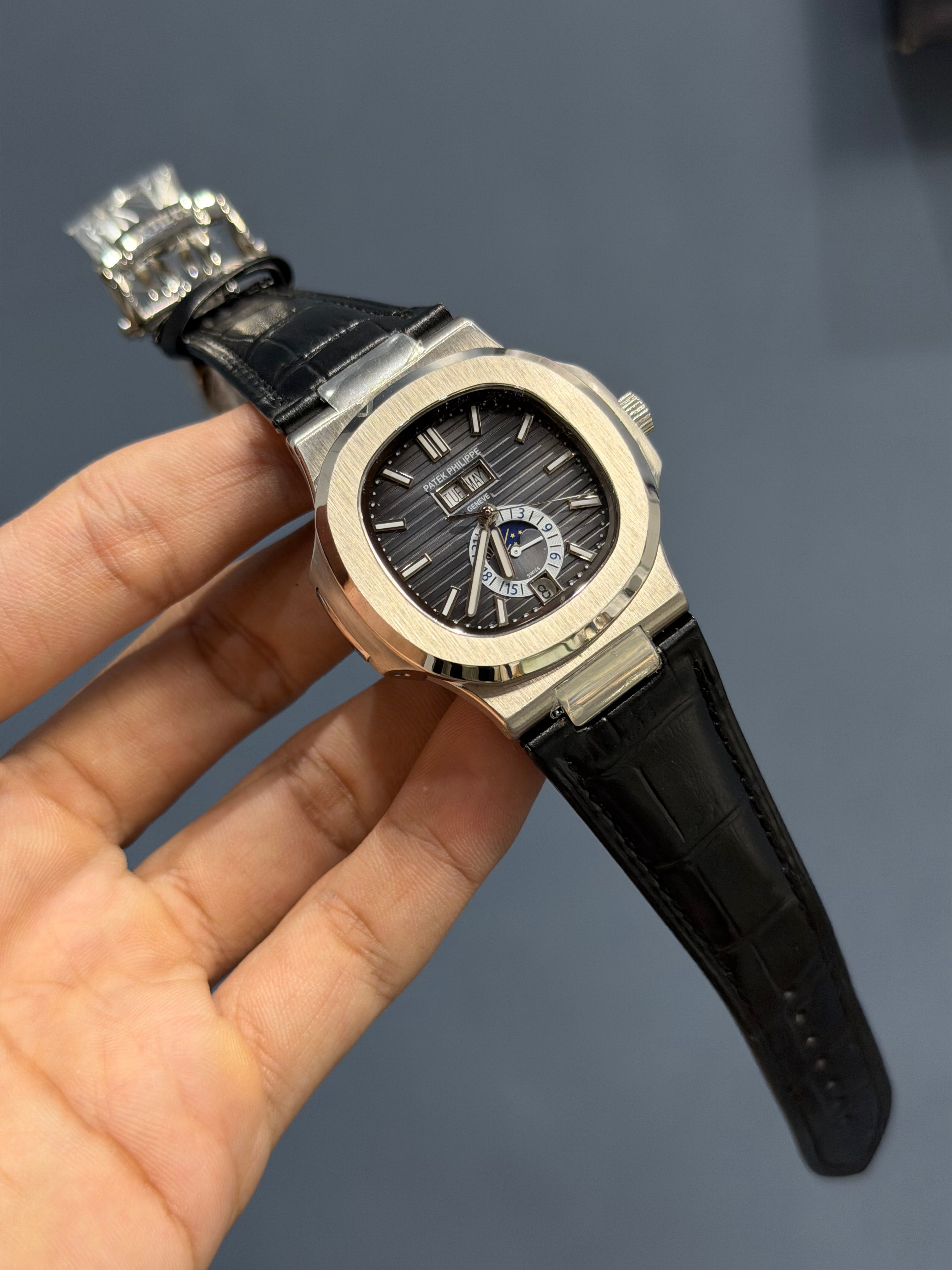 NEW COLLECTION MOON PHASE SILVER CASE WITH BLUE DIAL & BLACK LEATHER STRAP