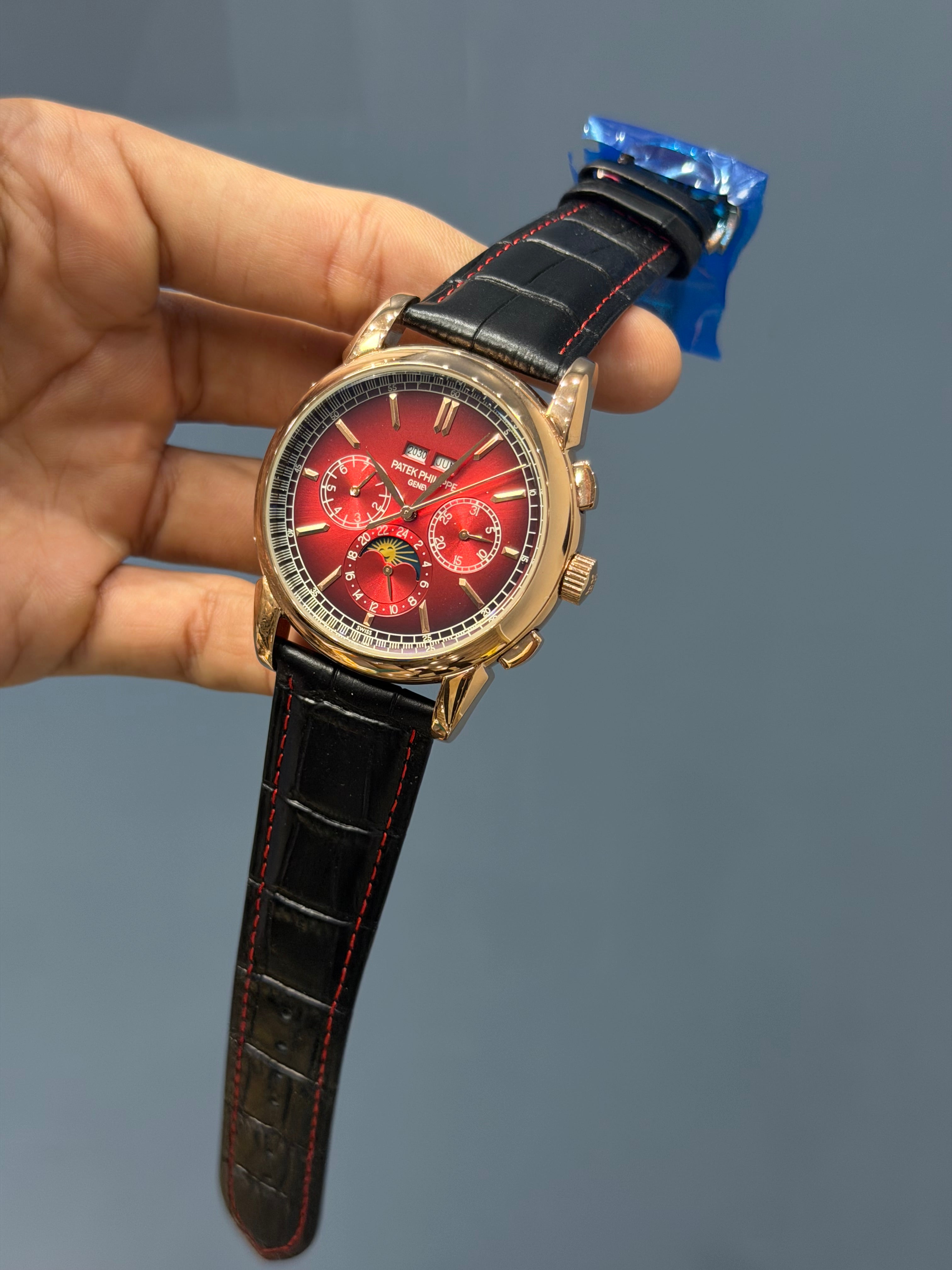 NEW COLLECTION CHRONOGRAPH ROSE CASE WITH INDEX RED DIAL & LEATHER STRAP