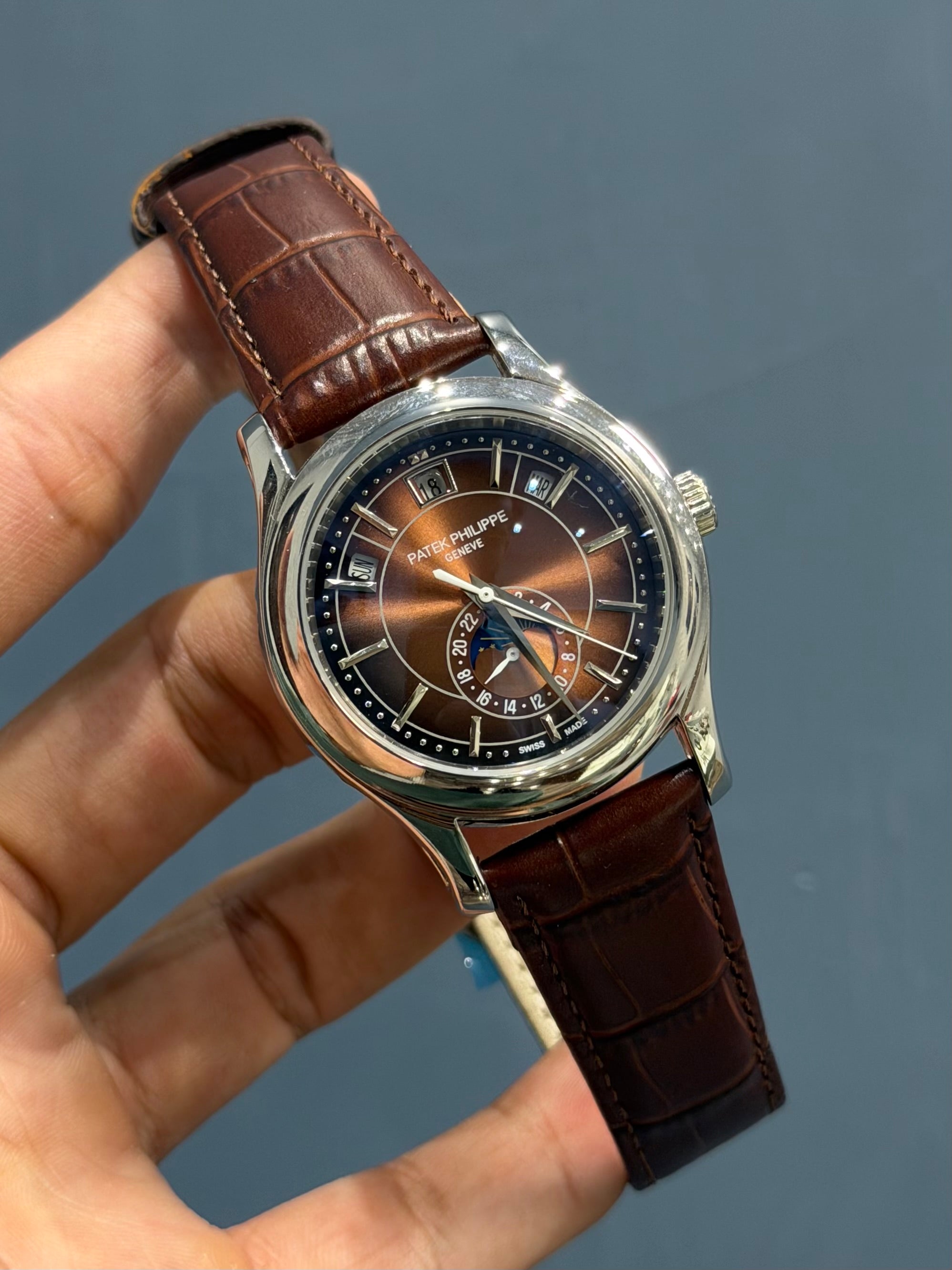 NEW COLLECTION MOON PHASE SILVER CASE WITH BROWN DIAL & LEATHER STRAP