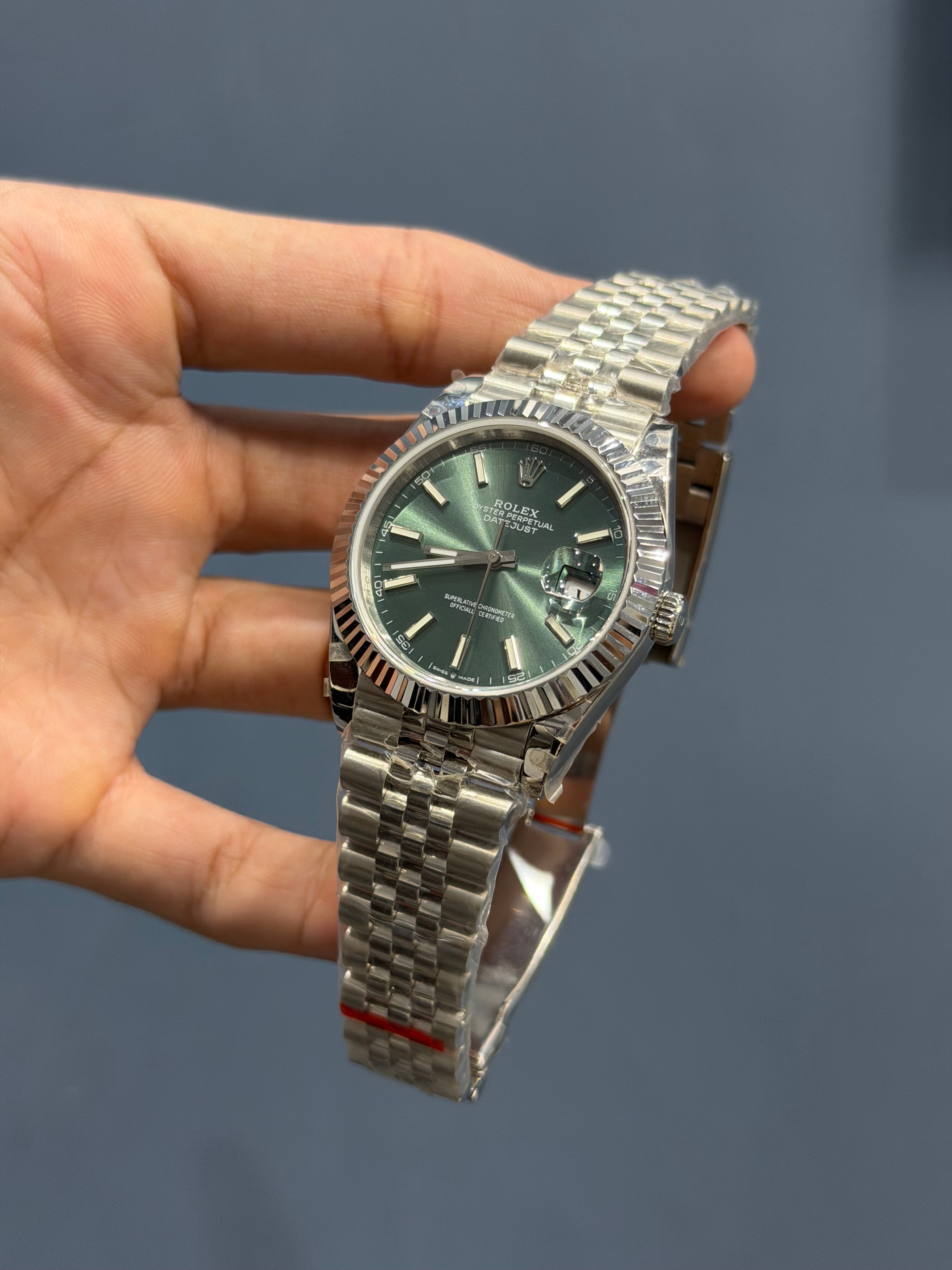 NEW COLLECTION 41 SILVER WITH GREEN DIAL FLUTED BEZEL AUTOMATIC WATCH BP MADE
