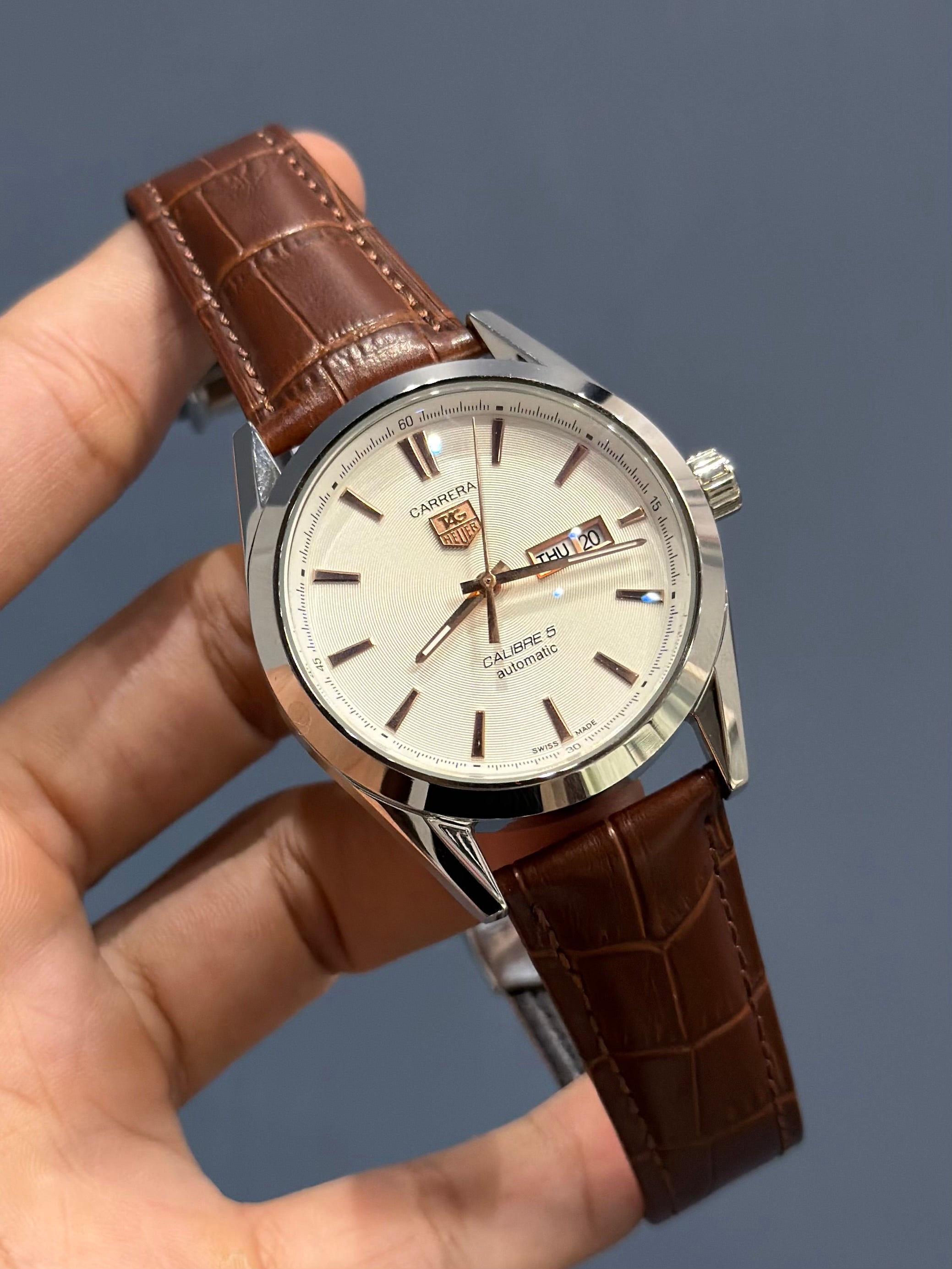 NEW COLLECTION SILVER CASE WITH DIAL LEATHER STRAP AUTOMATIC WATCH FOR MEN
